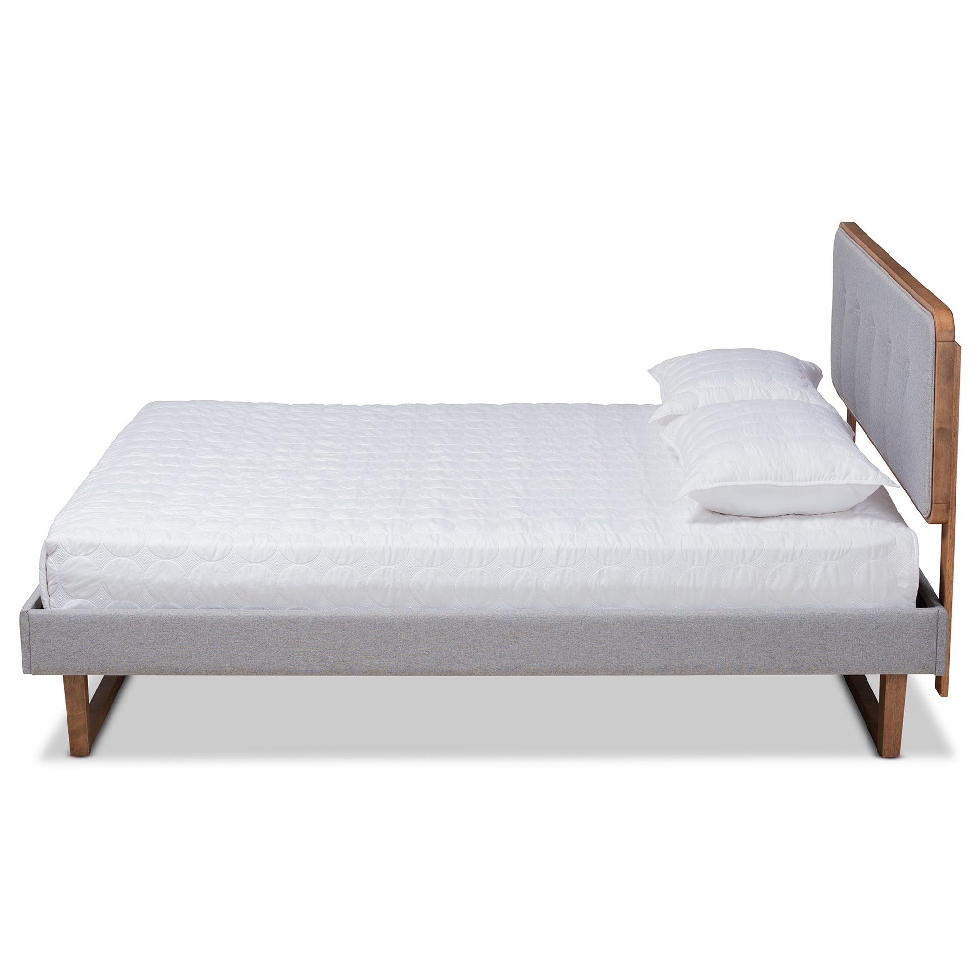 Sofia Mid-Century Modern Light Fabric Upholstered and Ash Finished Wood Platform Bed