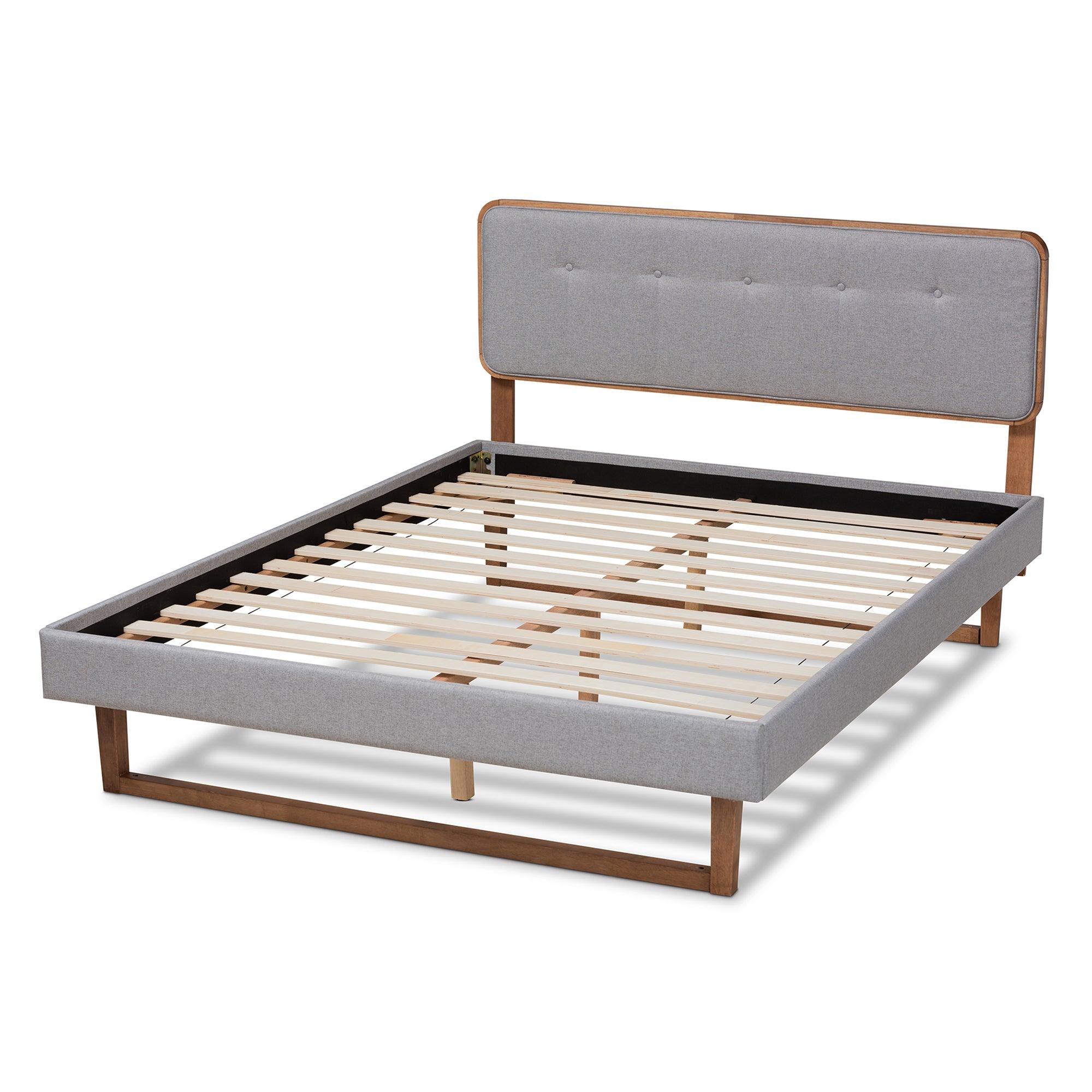 Sofia Mid-Century Modern Light Fabric Upholstered and Ash Finished Wood Platform Bed