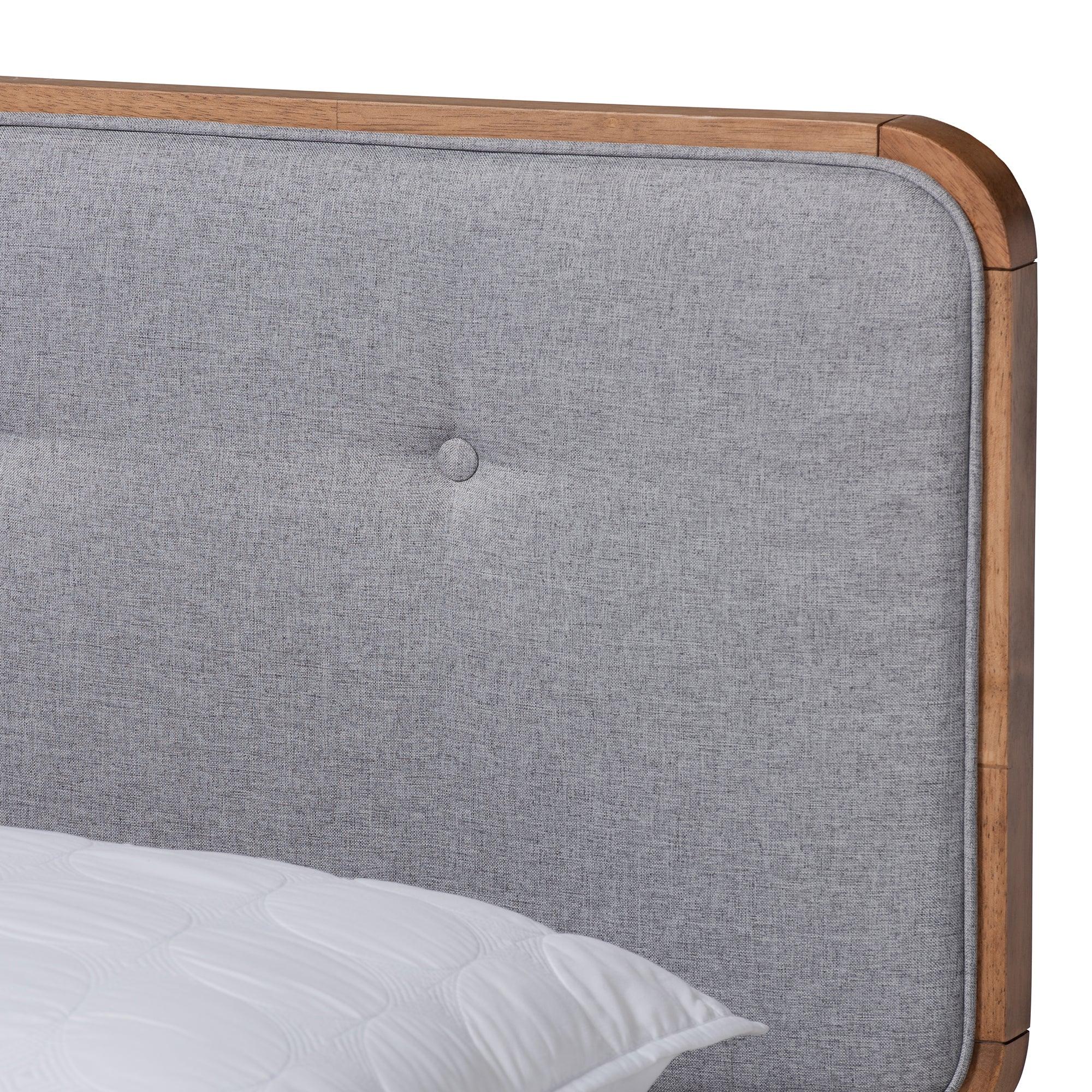 Sofia Mid-Century Modern Light Fabric Upholstered and Ash Finished Wood Platform Bed