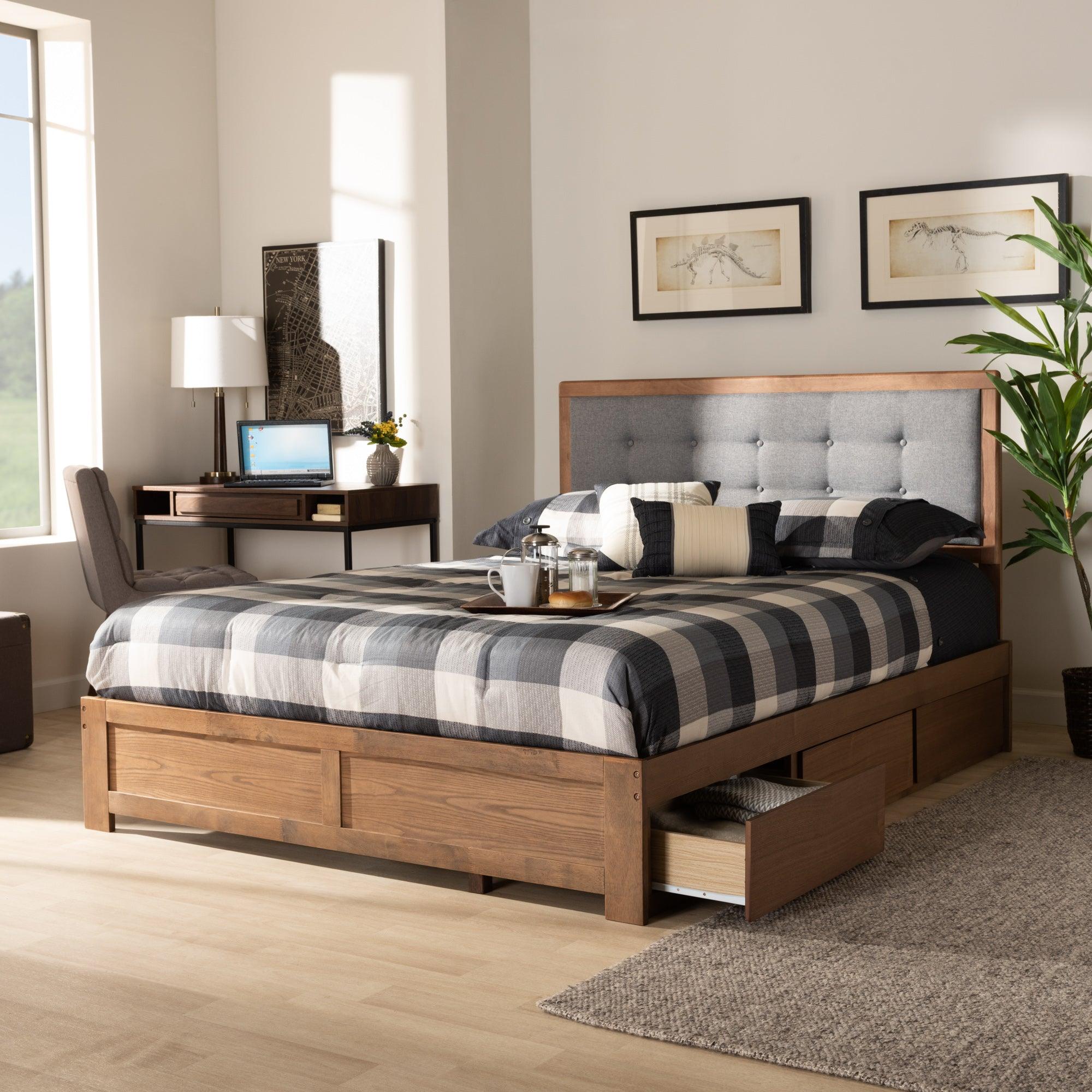 Lene Modern and Contemporary Transitional Dark Fabric Upholstered and Ash Finished Wood 3-Drawer Platform Storage Bed