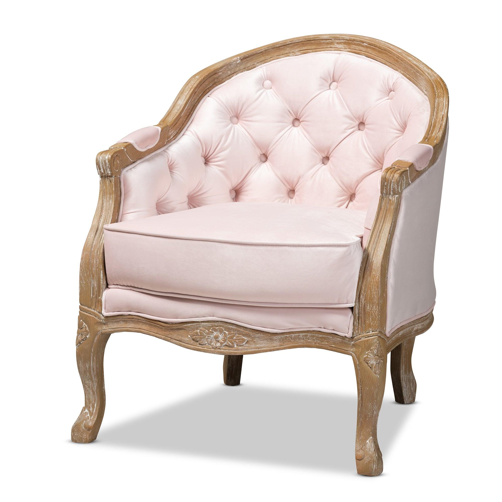 Genevieve Traditional French Provincial Light Velvet Upholstered -Washed Wood Armchair