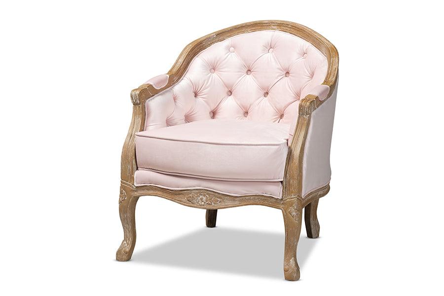 Genevieve Traditional French Provincial Light Velvet Upholstered -Washed Wood Armchair