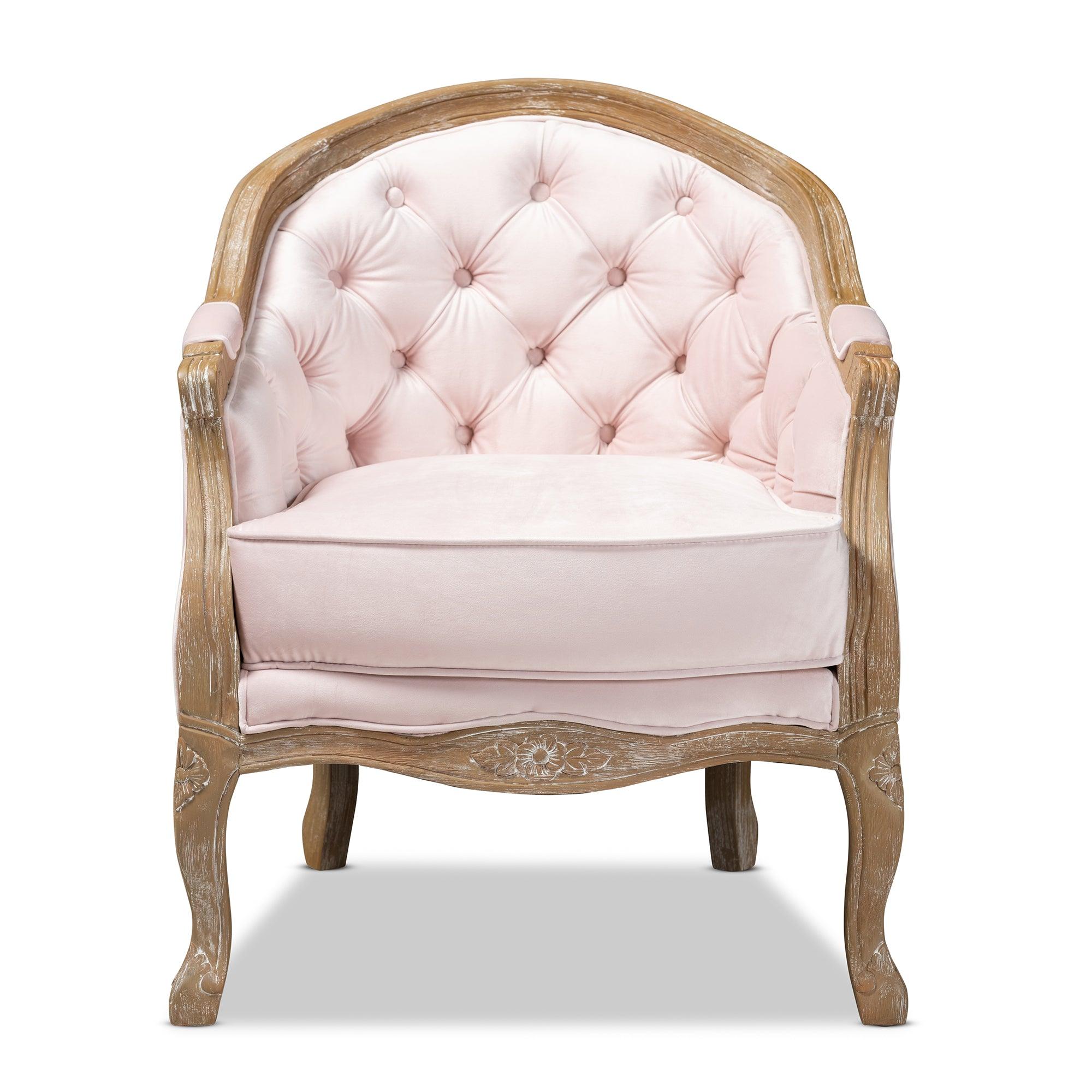 Genevieve Traditional French Provincial Light Velvet Upholstered -Washed Wood Armchair