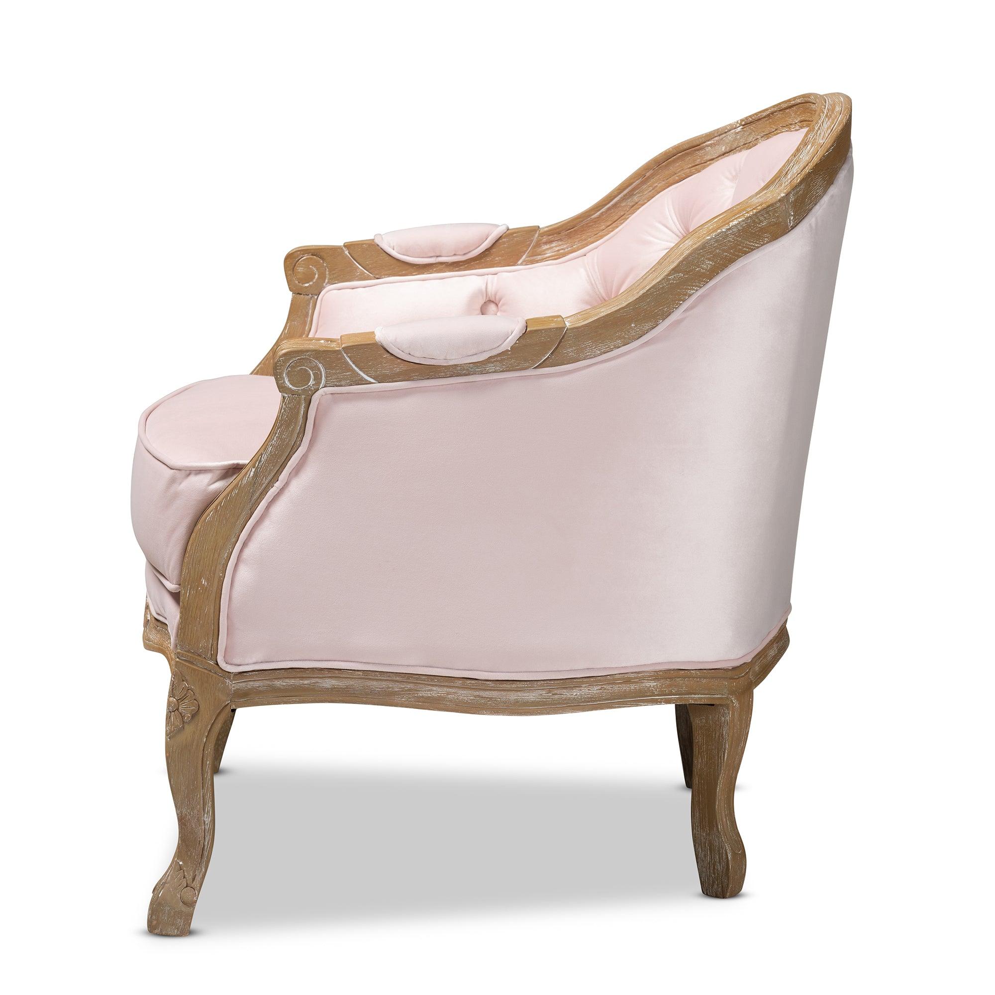 Genevieve Traditional French Provincial Light Velvet Upholstered -Washed Wood Armchair