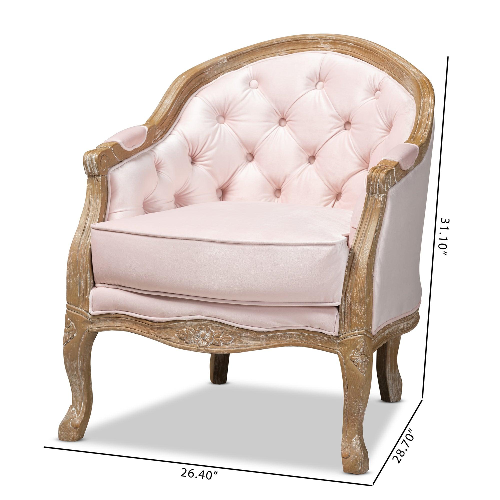 Genevieve Traditional French Provincial Light Velvet Upholstered -Washed Wood Armchair
