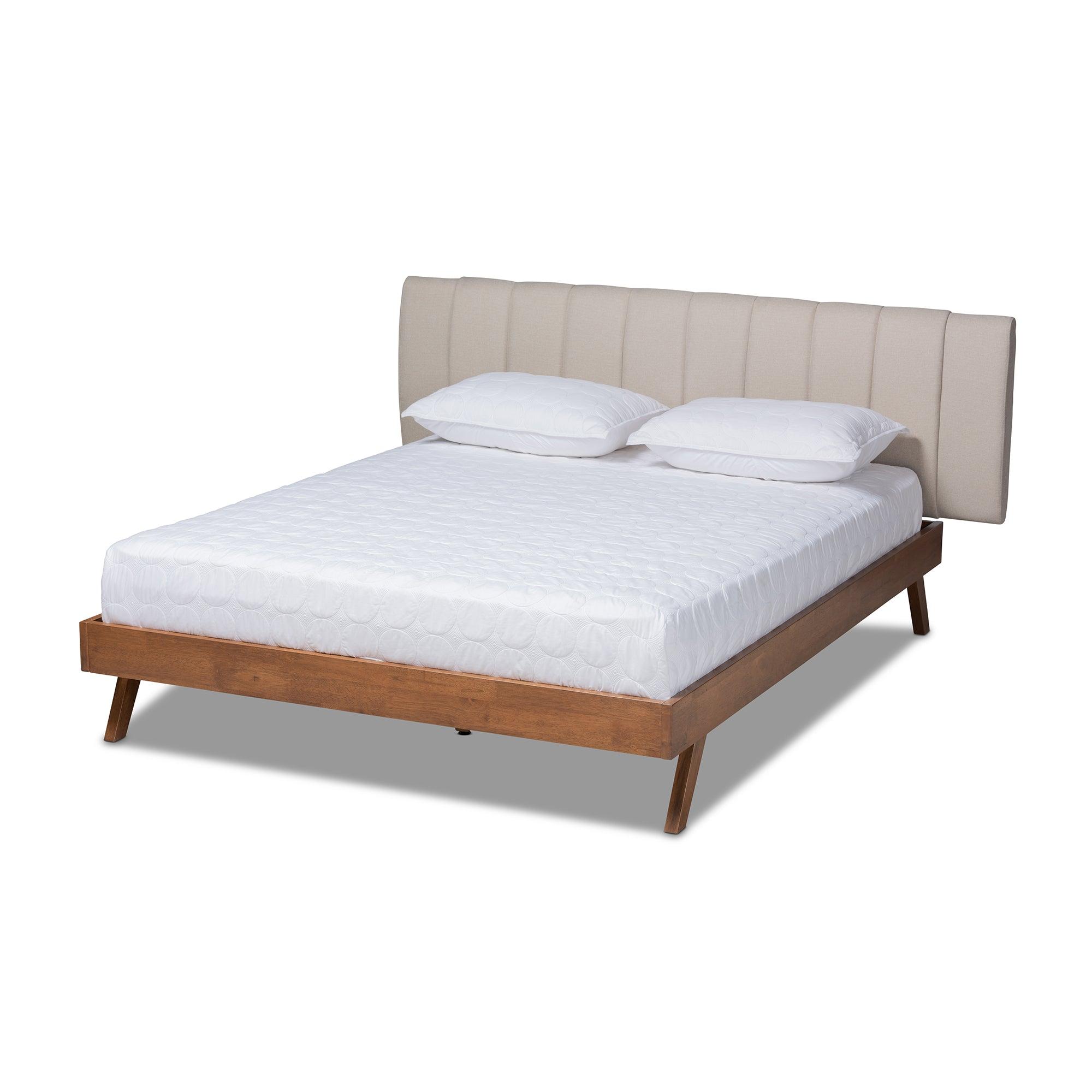Brita Mid-Century Modern Light Fabric Upholstered Finished Wood Bed