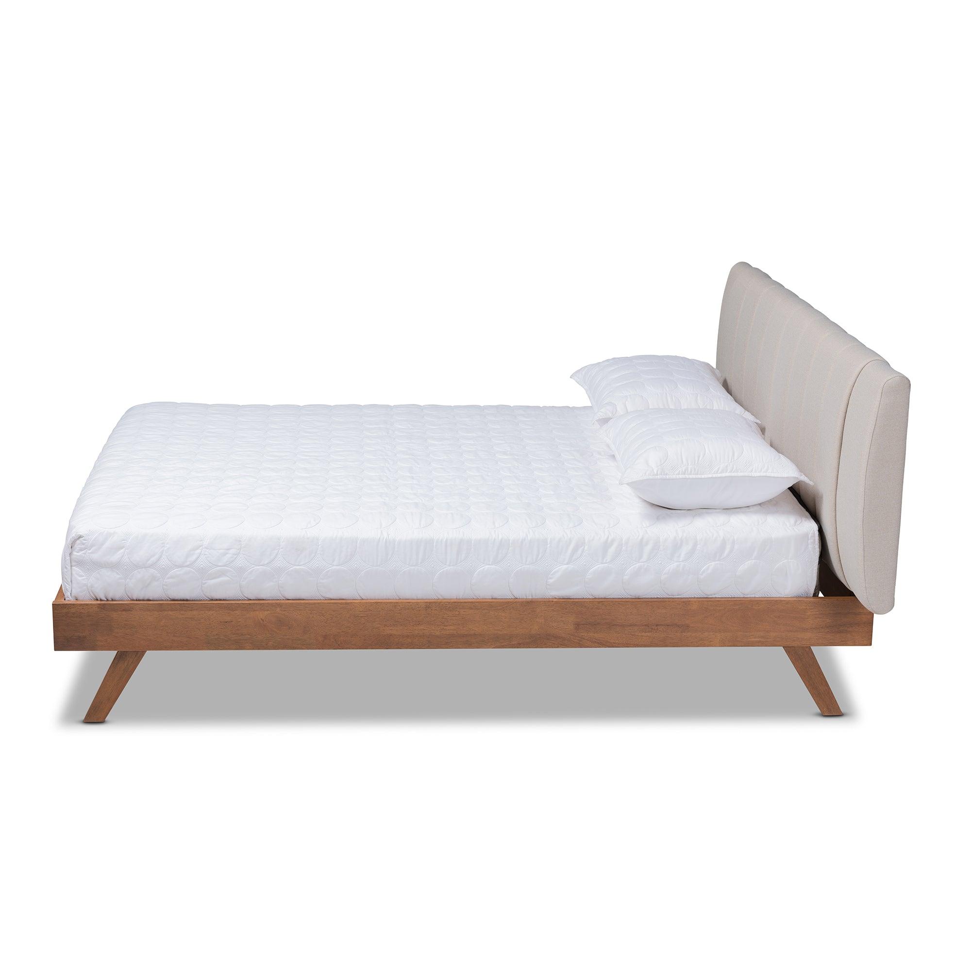Brita Mid-Century Modern Light Fabric Upholstered Finished Wood Bed