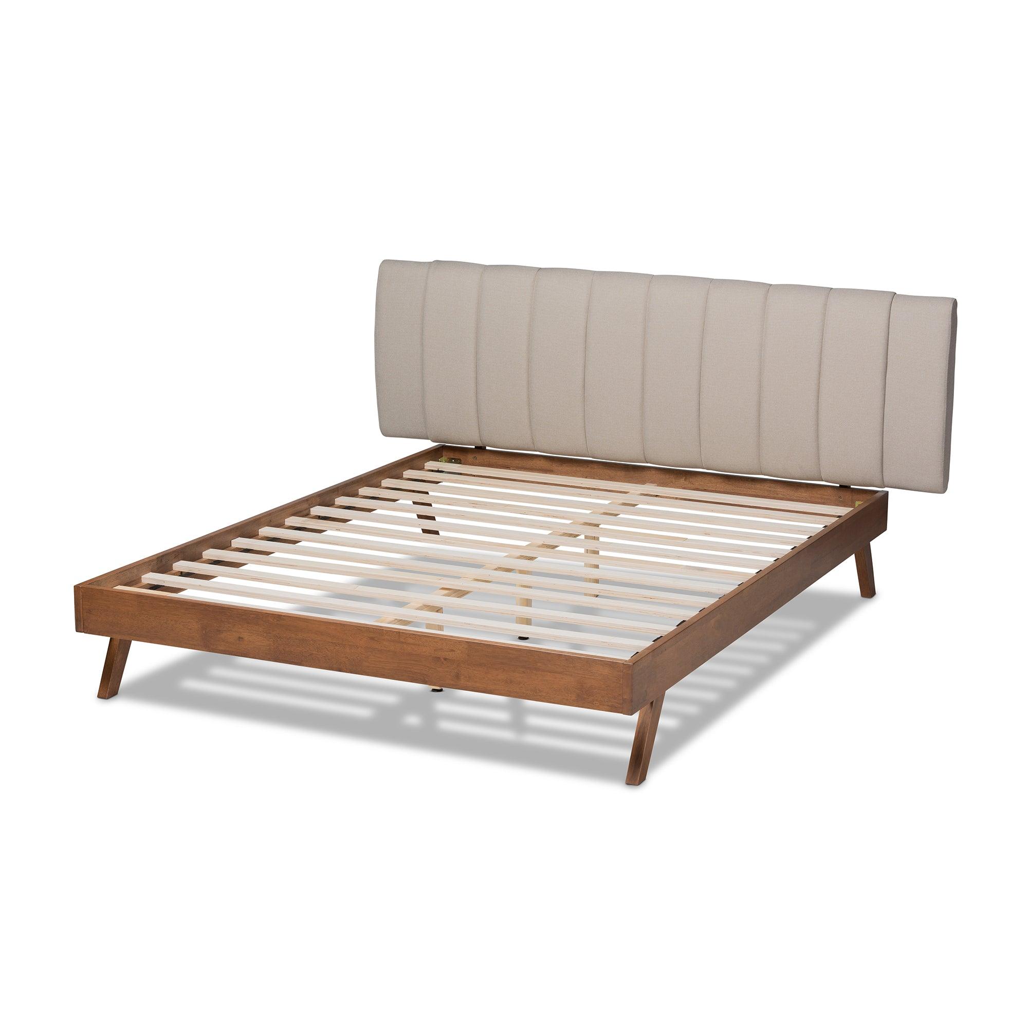 Brita Mid-Century Modern Light Fabric Upholstered Finished Wood Bed