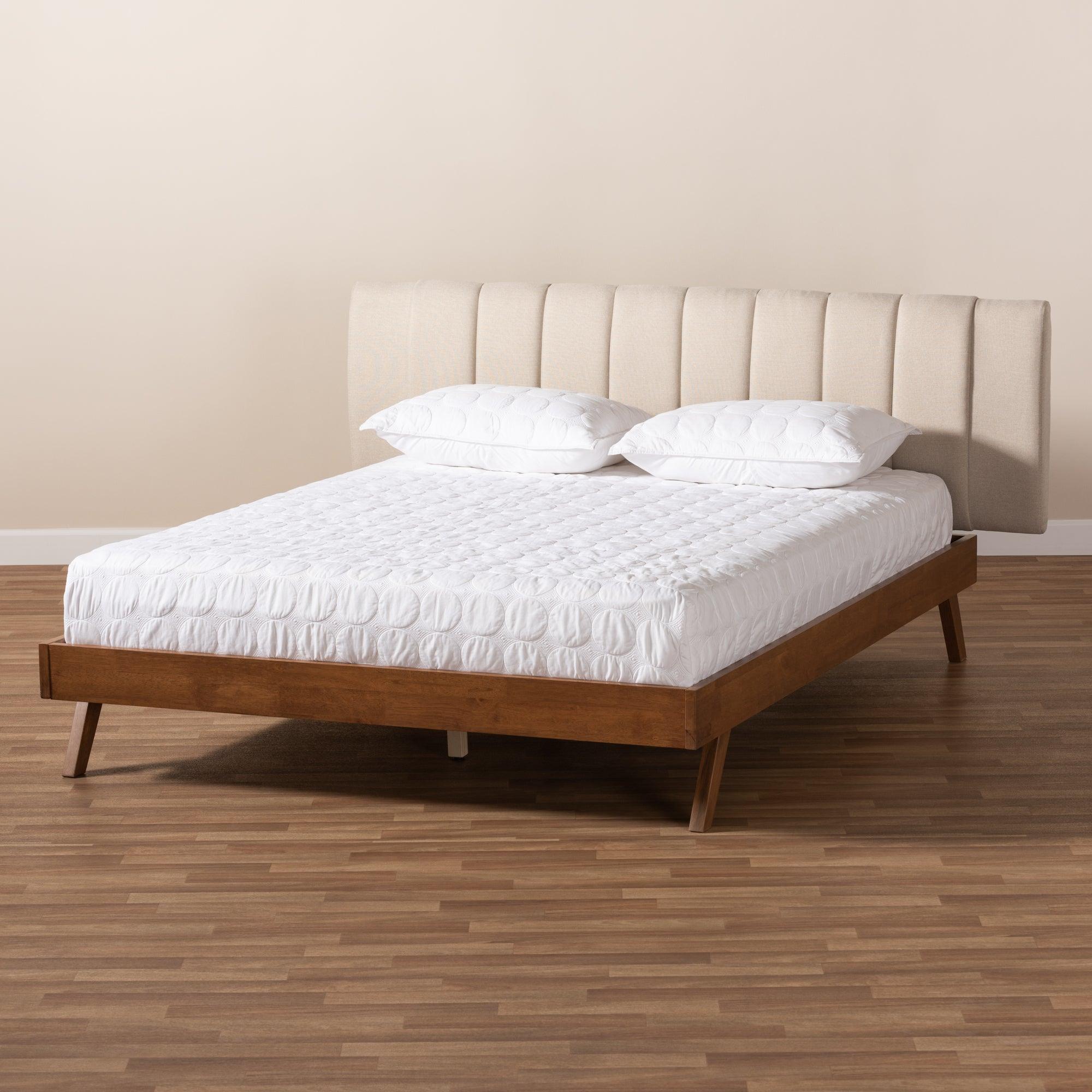 Brita Mid-Century Modern Light Fabric Upholstered Finished Wood Bed