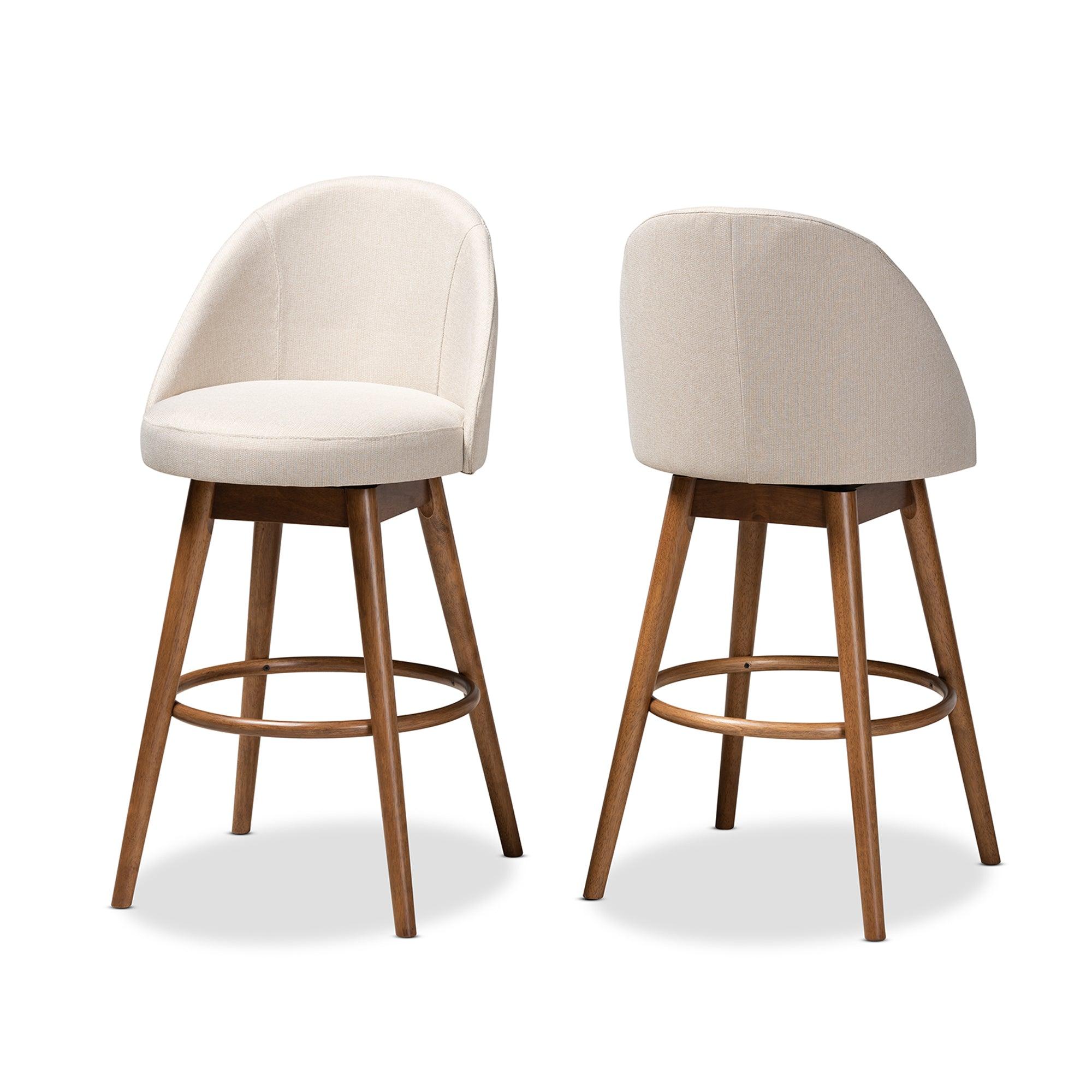 Carra Mid-Century Modern Light Fabric Upholstered -Finished Wood 2-Piece Swivel Bar Stool Set