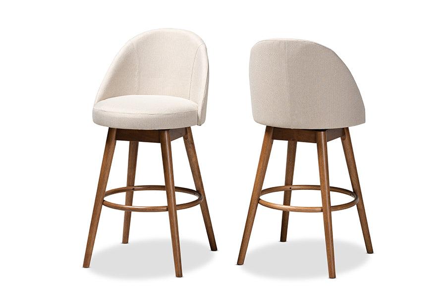 Carra Mid-Century Modern Light Fabric Upholstered -Finished Wood 2-Piece Swivel Bar Stool Set