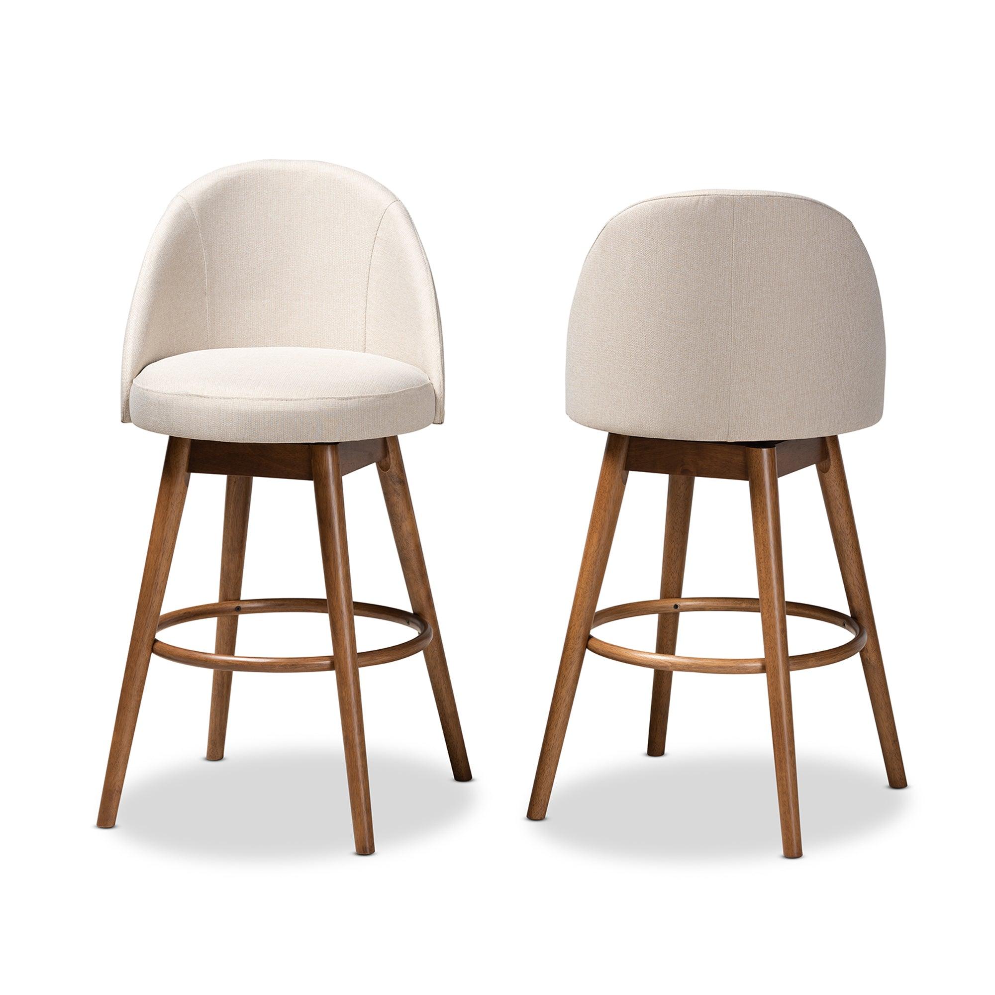 Carra Mid-Century Modern Light Fabric Upholstered -Finished Wood 2-Piece Swivel Bar Stool Set