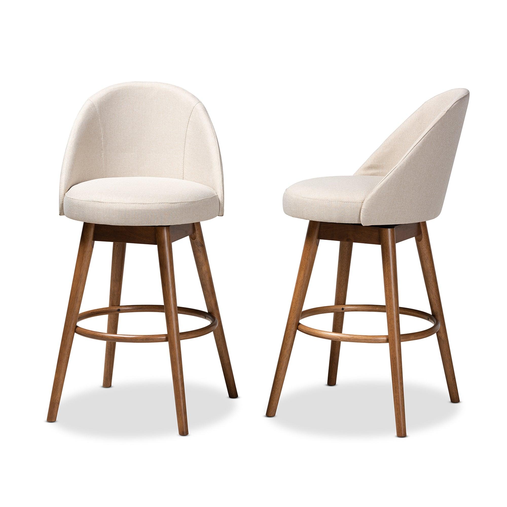 Carra Mid-Century Modern Light Fabric Upholstered -Finished Wood 2-Piece Swivel Bar Stool Set