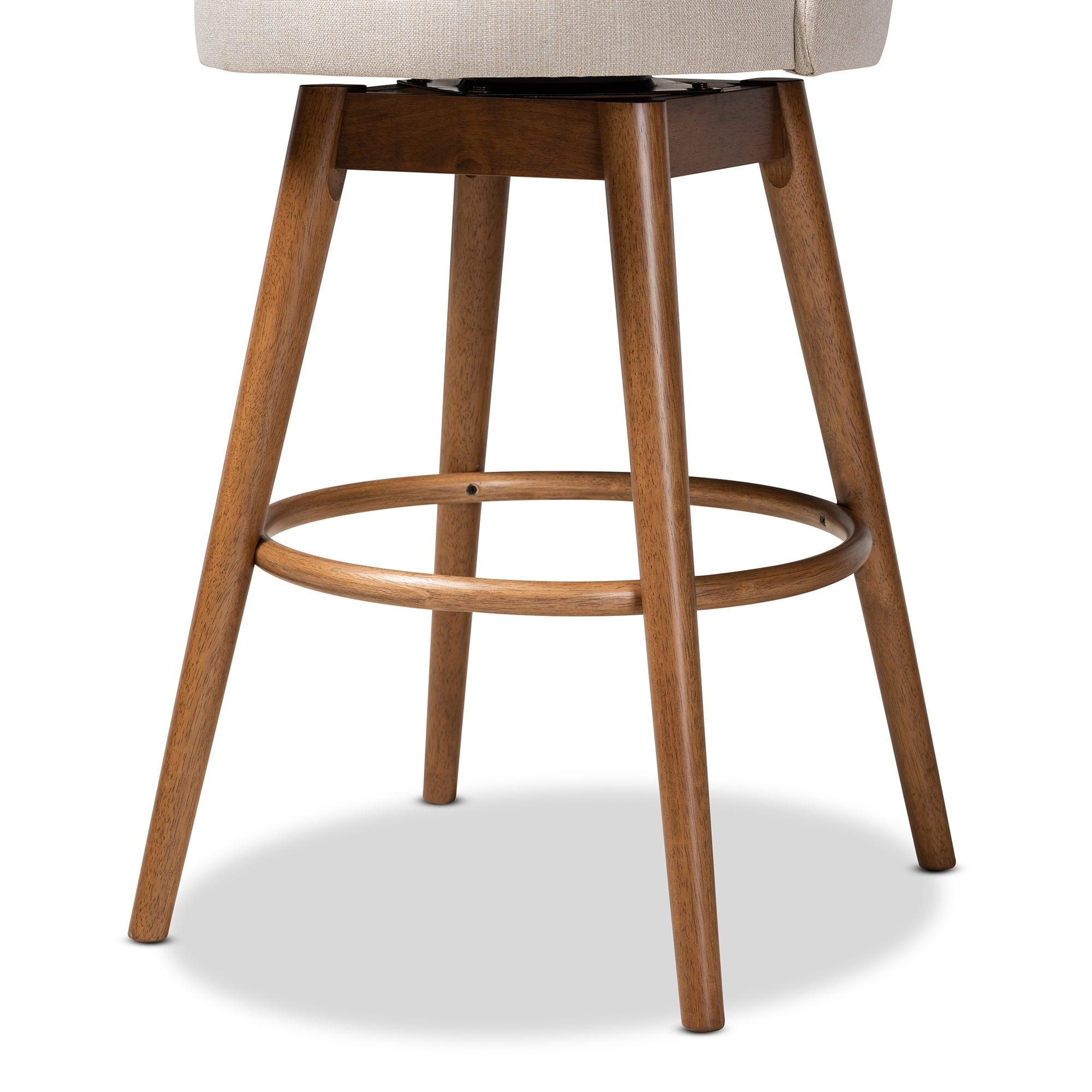 Carra Mid-Century Modern Light Fabric Upholstered -Finished Wood 2-Piece Swivel Bar Stool Set