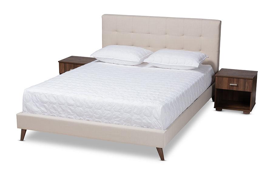 Maren Mid-Century Modern Fabric Upholstered Platform Bed with Two Nightstands
