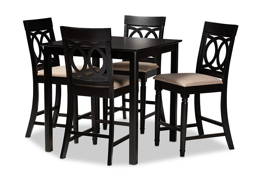 Verina Modern and Contemporary Sand Fabric Upholstered Espresso Finished 5-Piece Wood Pub Set