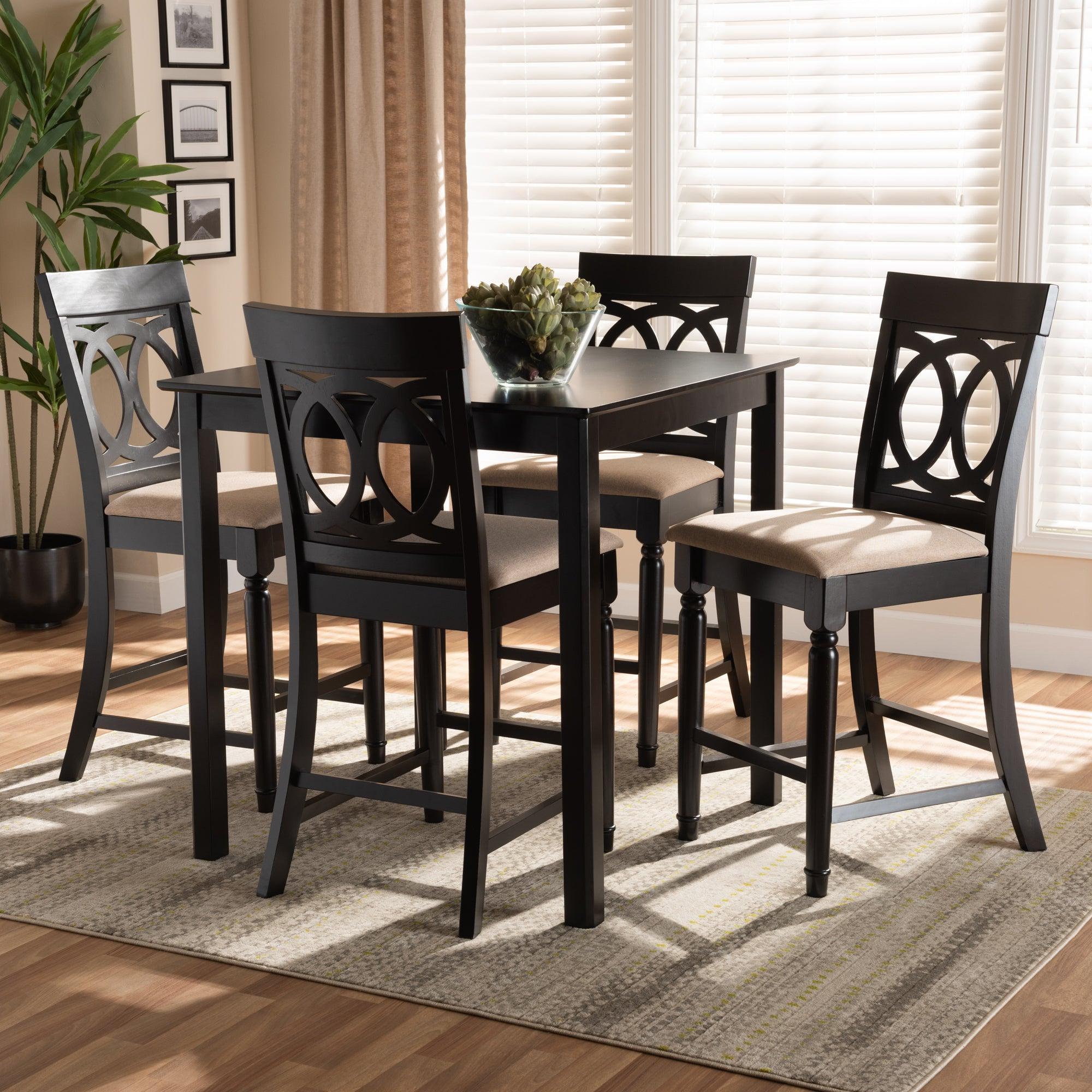 Verina Modern and Contemporary Sand Fabric Upholstered Espresso Finished 5-Piece Wood Pub Set