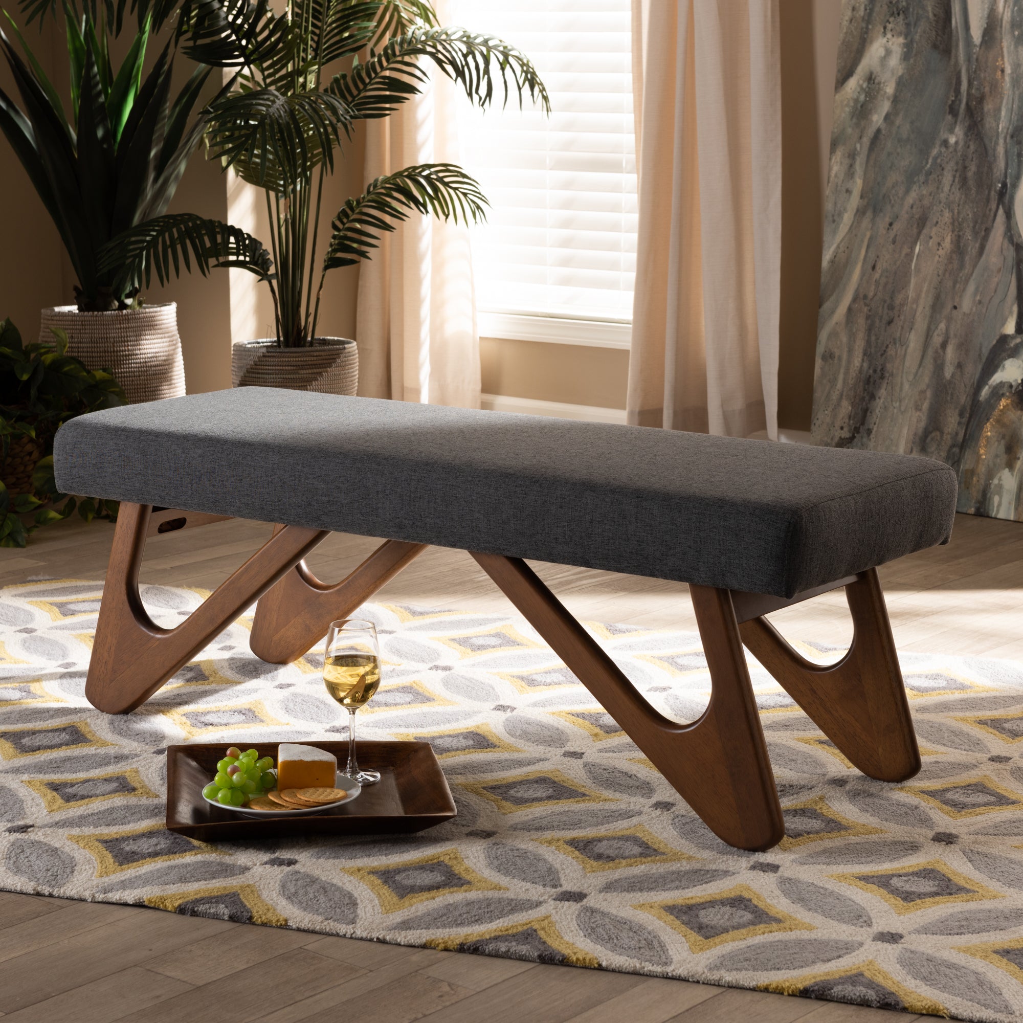 Rika Mid-Century Modern Fabric Upholstered Finished Boomerang Bench
