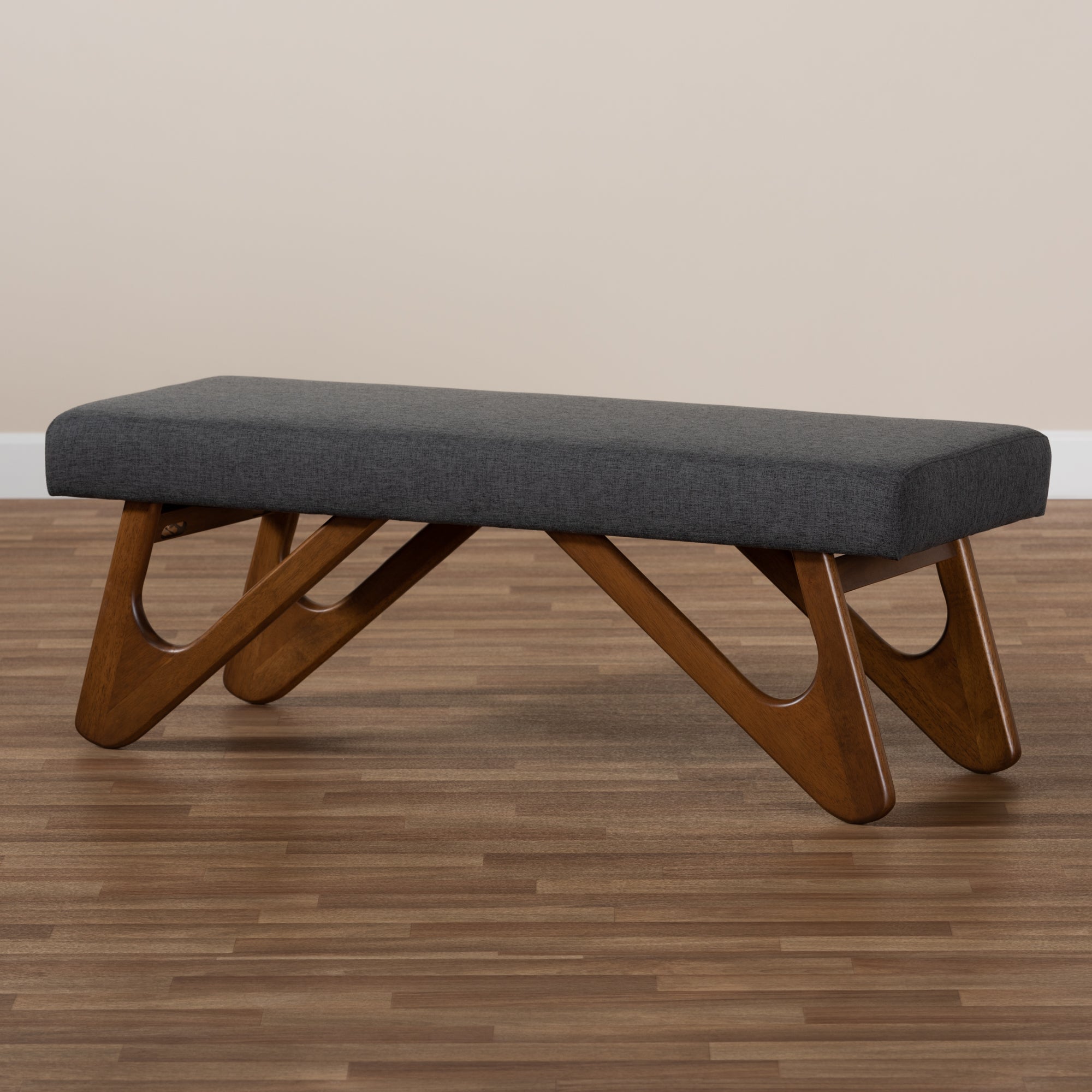 Rika Mid-Century Modern Fabric Upholstered Finished Boomerang Bench