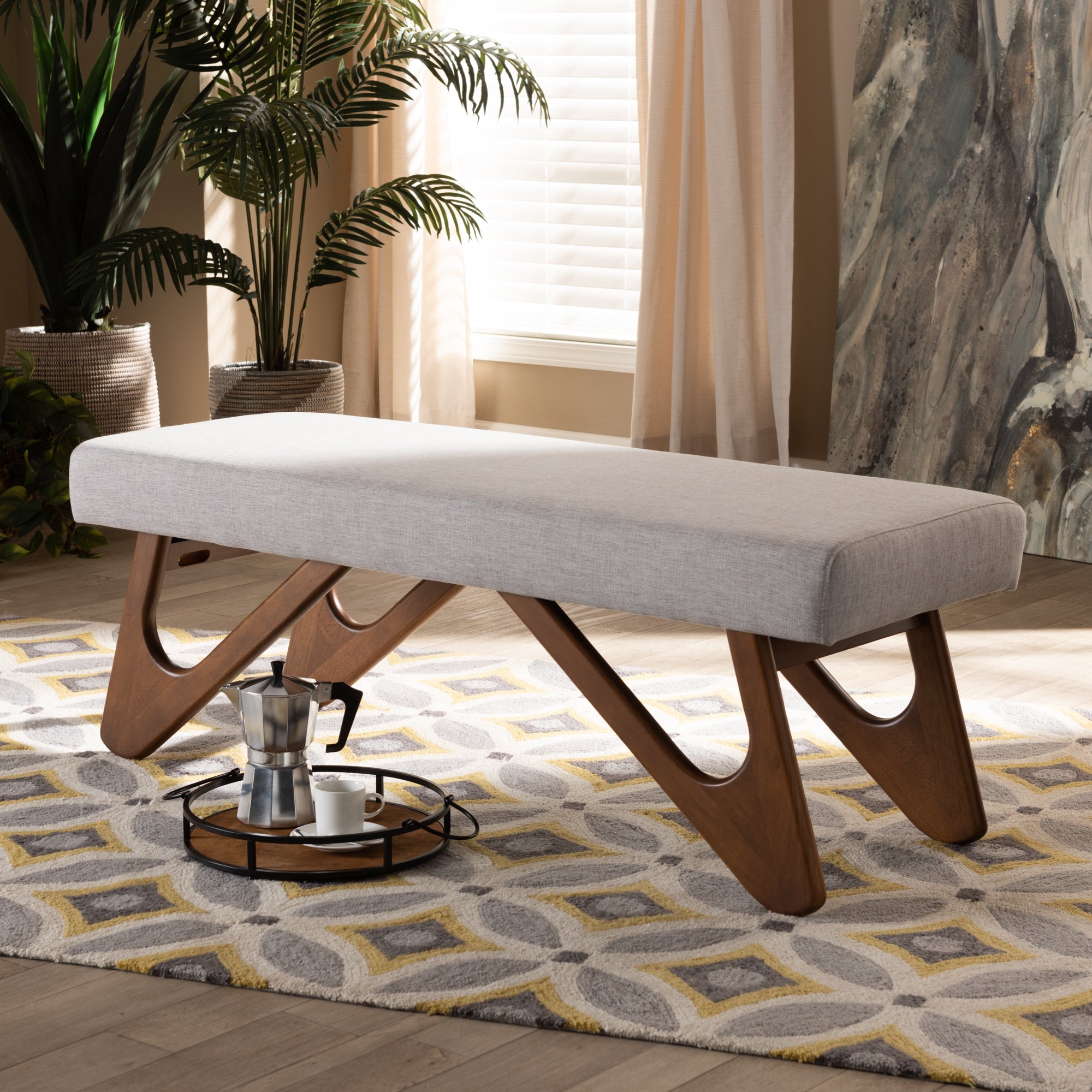Rika Mid-Century Modern Fabric Upholstered Finished Boomerang Bench