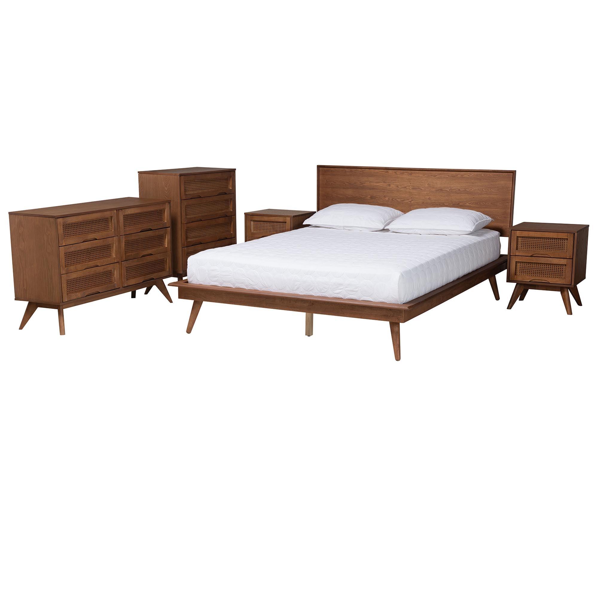 Melora Mid-Century Modern Finished Wood and Rattan 5-Piece Bedroom Set