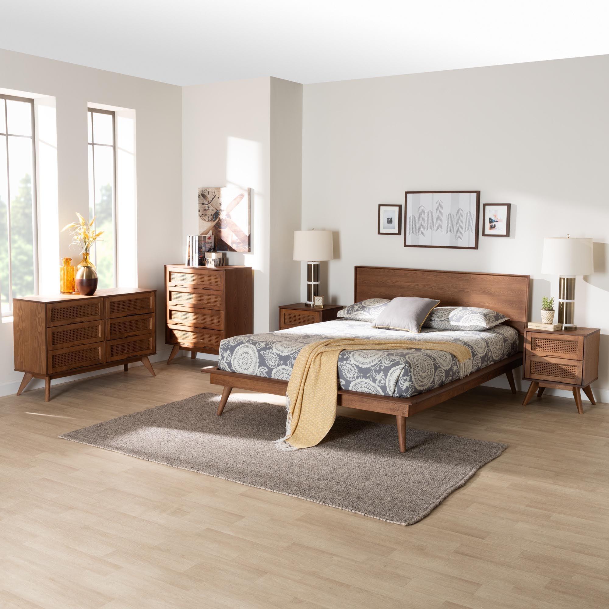 Melora Mid-Century Modern Finished Wood and Rattan 5-Piece Bedroom Set