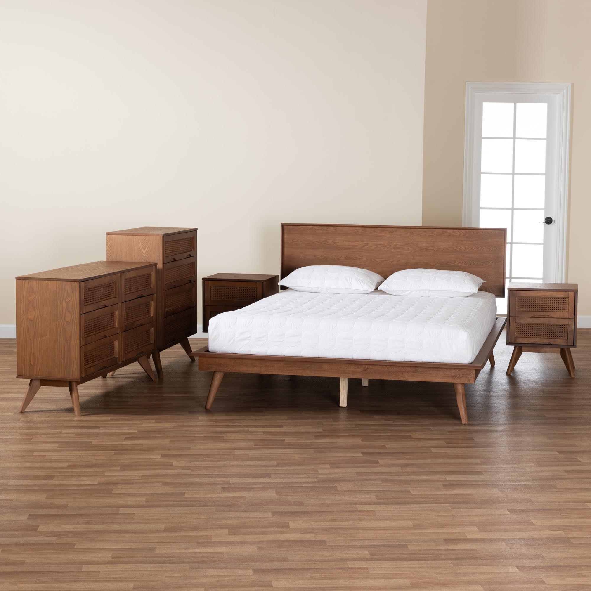 Melora Mid-Century Modern Finished Wood and Rattan 5-Piece Bedroom Set