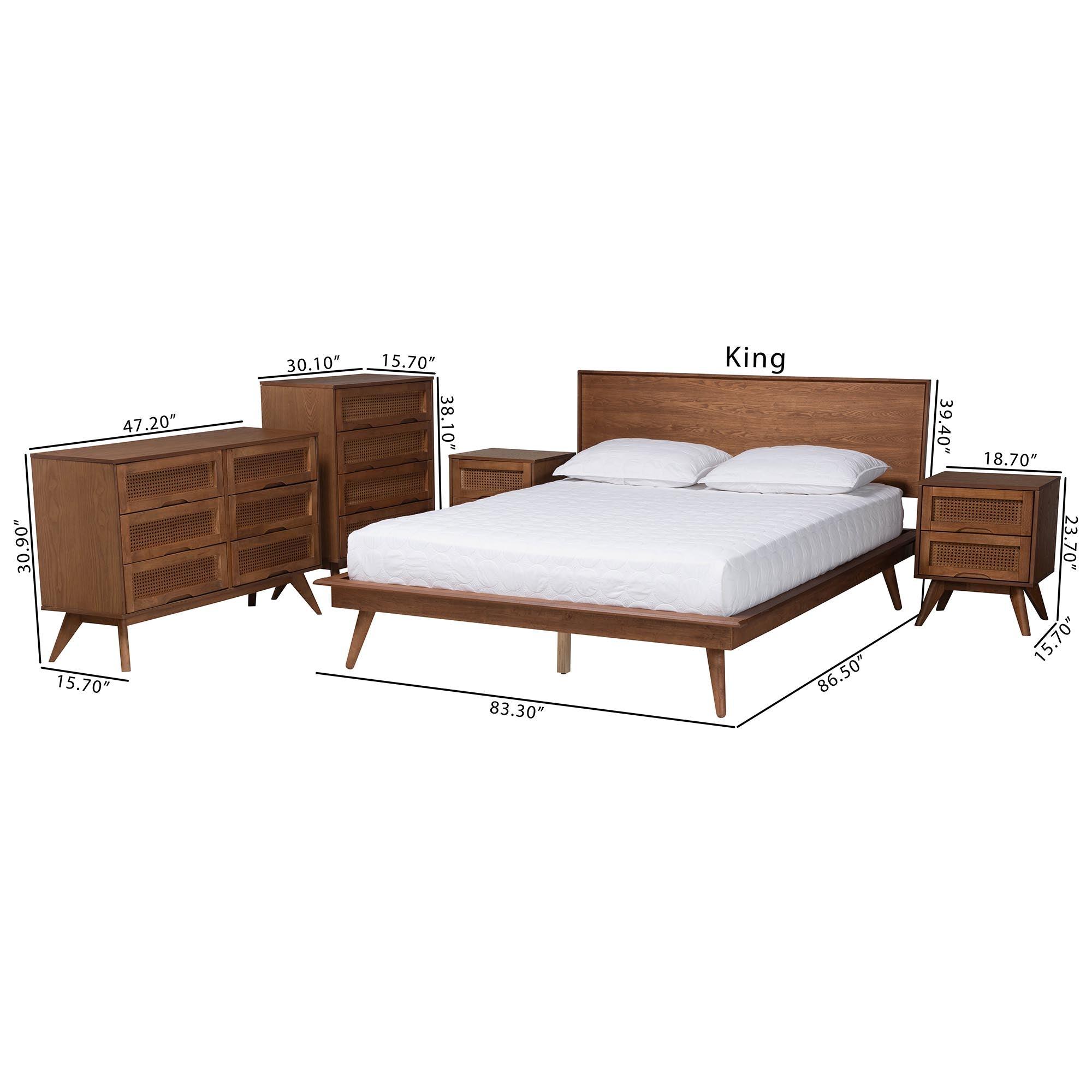 Melora Mid-Century Modern Finished Wood and Rattan 5-Piece Bedroom Set