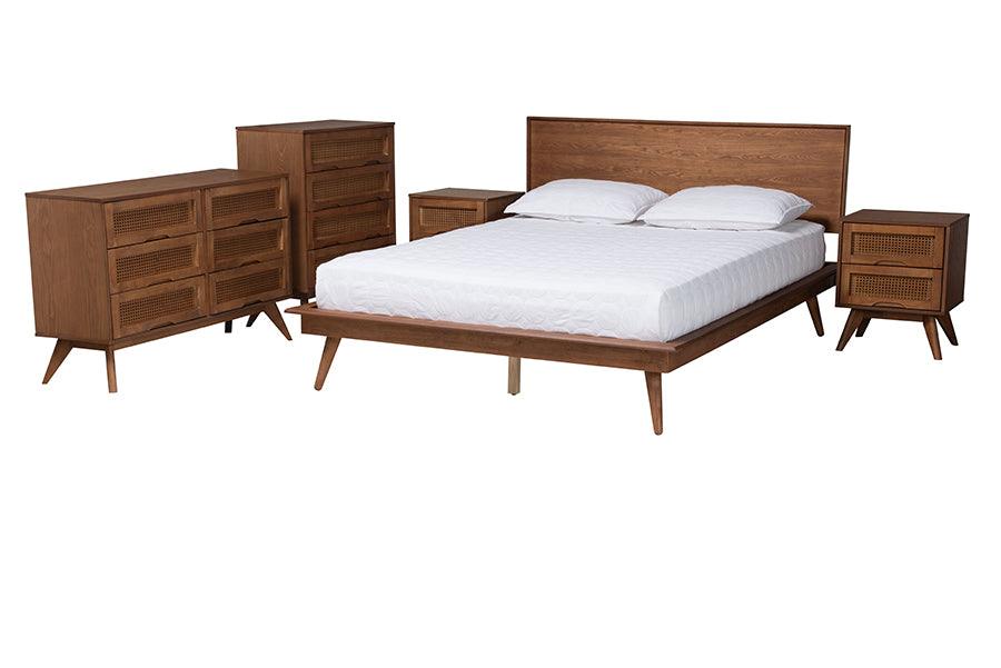 Melora Mid-Century Modern Finished Wood and Rattan 5-Piece Bedroom Set
