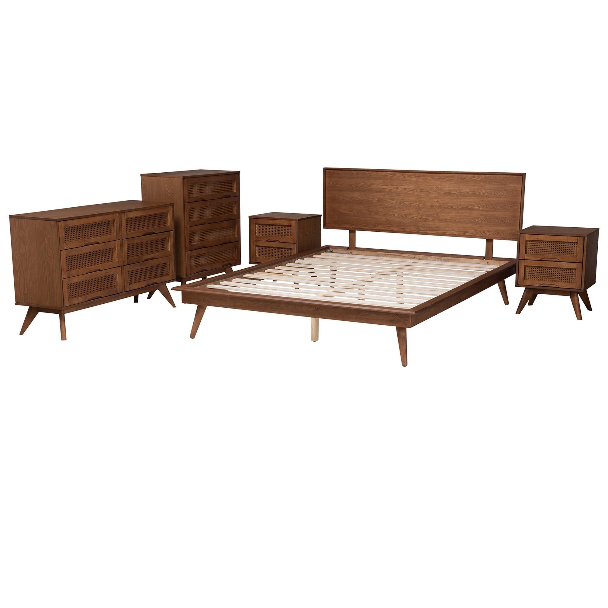 Melora Mid-Century Modern Finished Wood and Rattan 5-Piece Bedroom Set