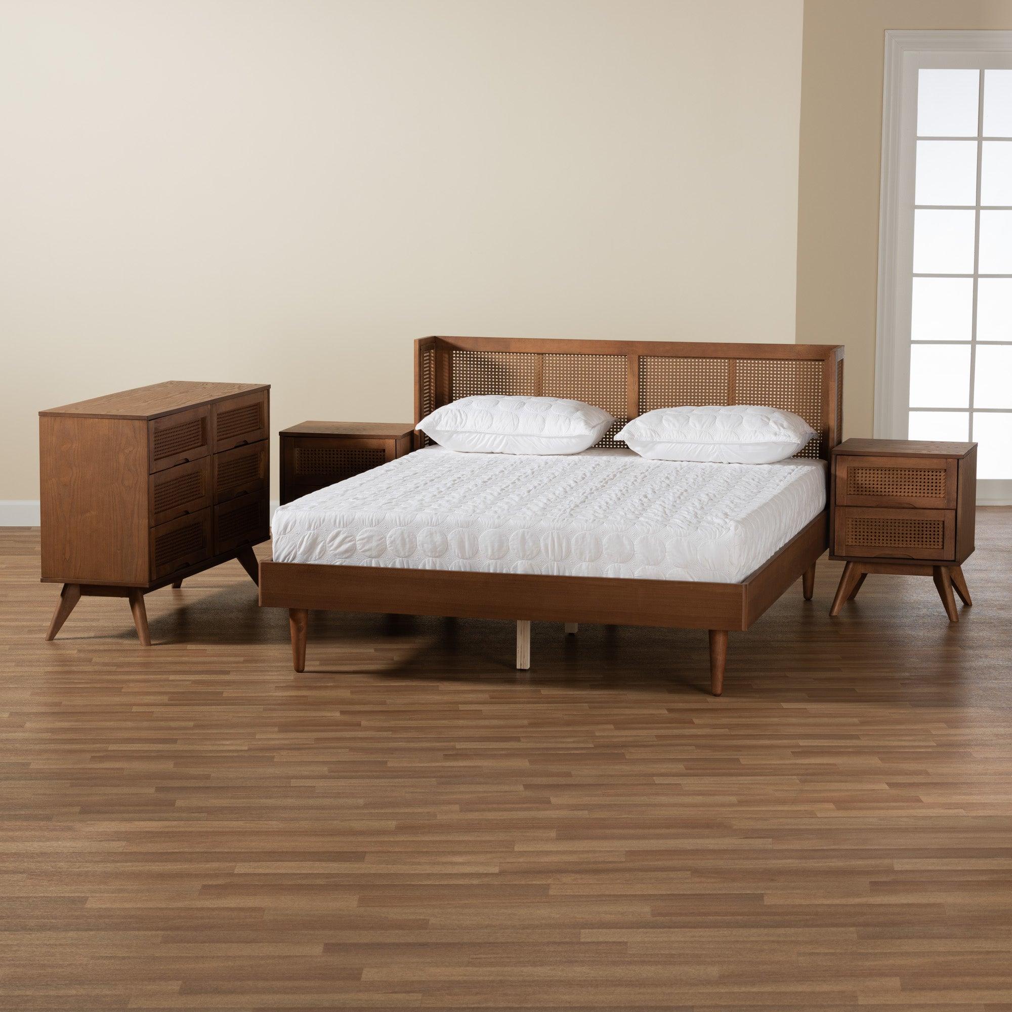Rina Mid-Century Modern Ash Finished Wood 4-Piece Bedroom Set with Synthetic Rattan
