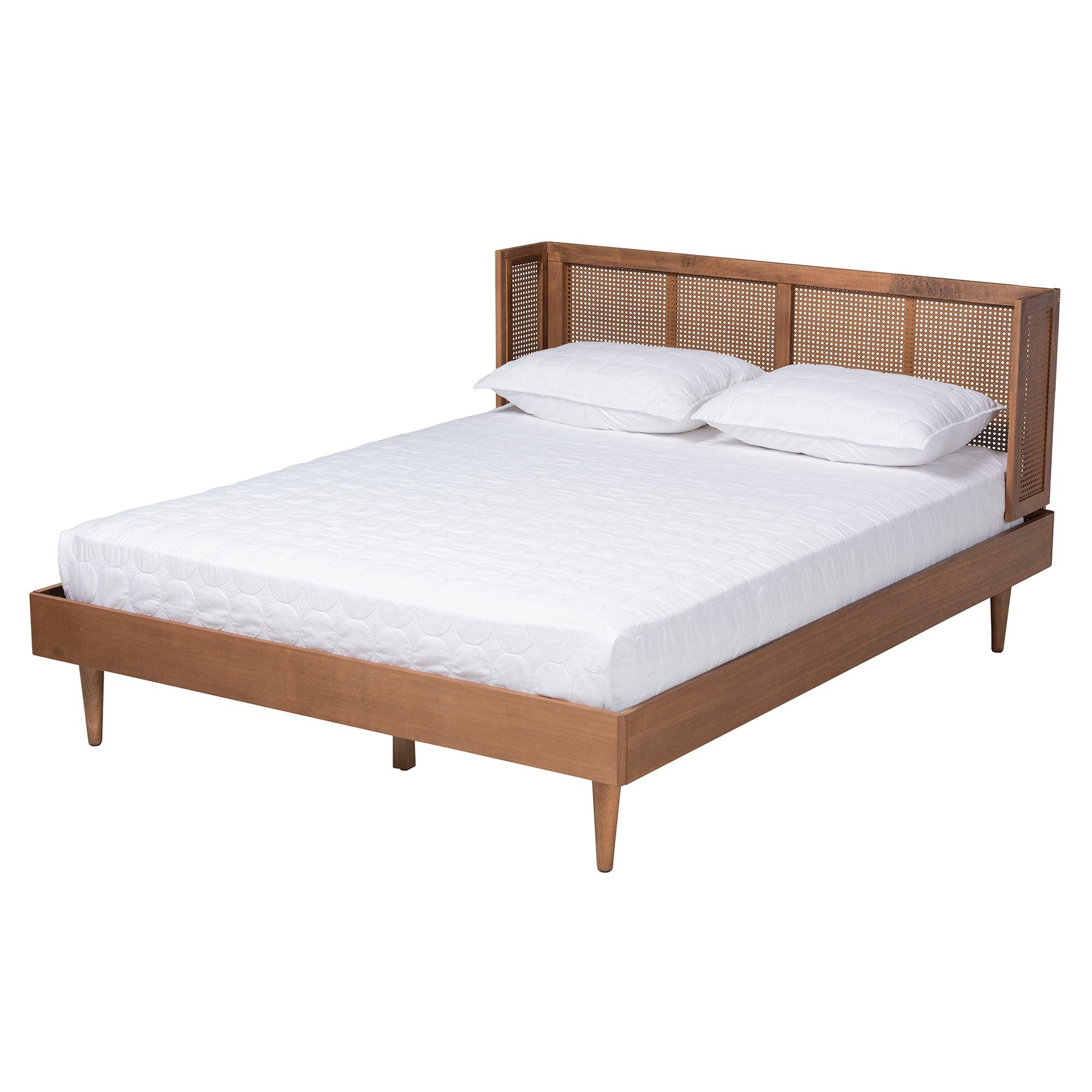 Rina Mid-Century Modern Ash Finished Wood 3-Piece Bedroom Set with Synthetic Rattan