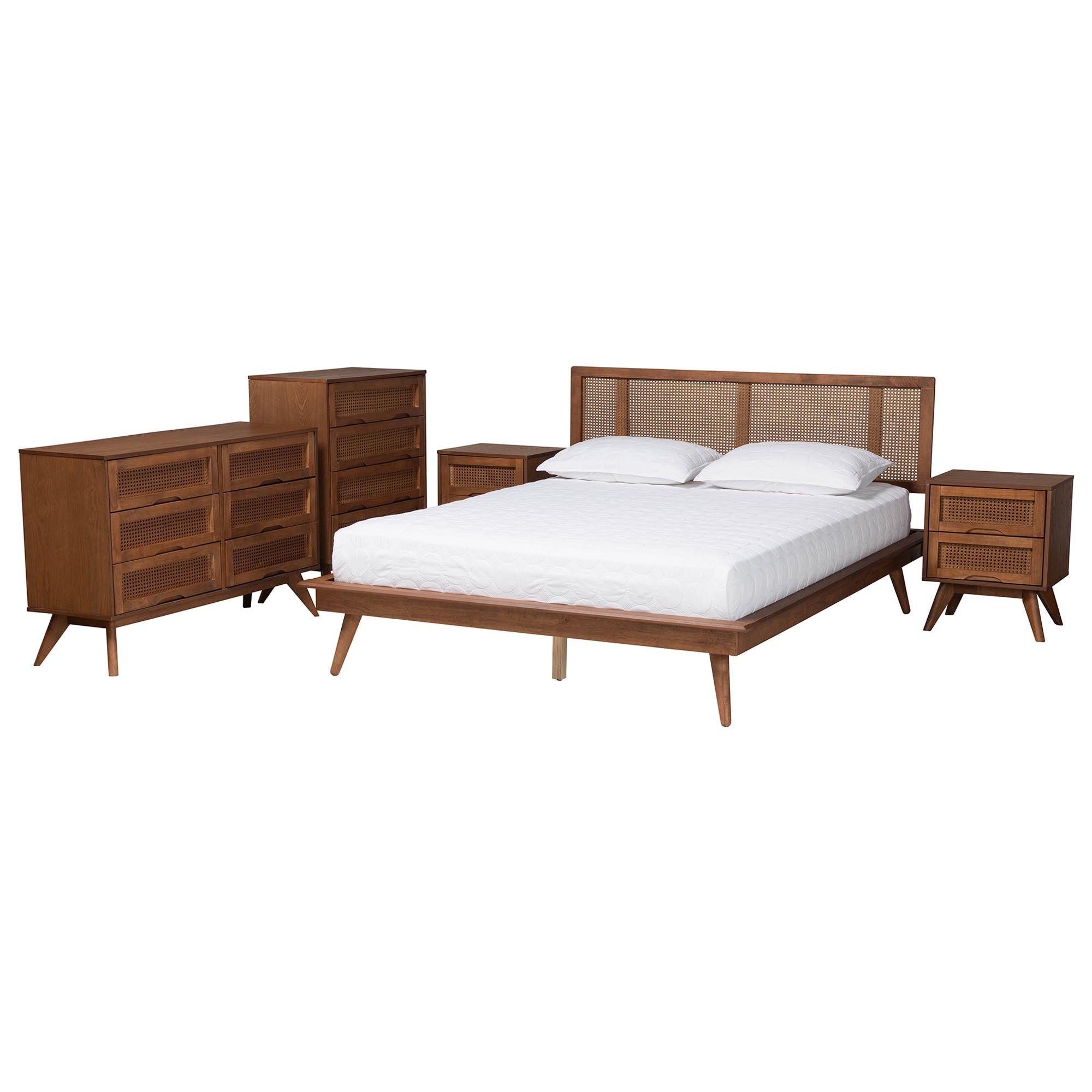 Nura Mid-Century Modern Finished Wood and Rattan 5-Piece Bedroom Set