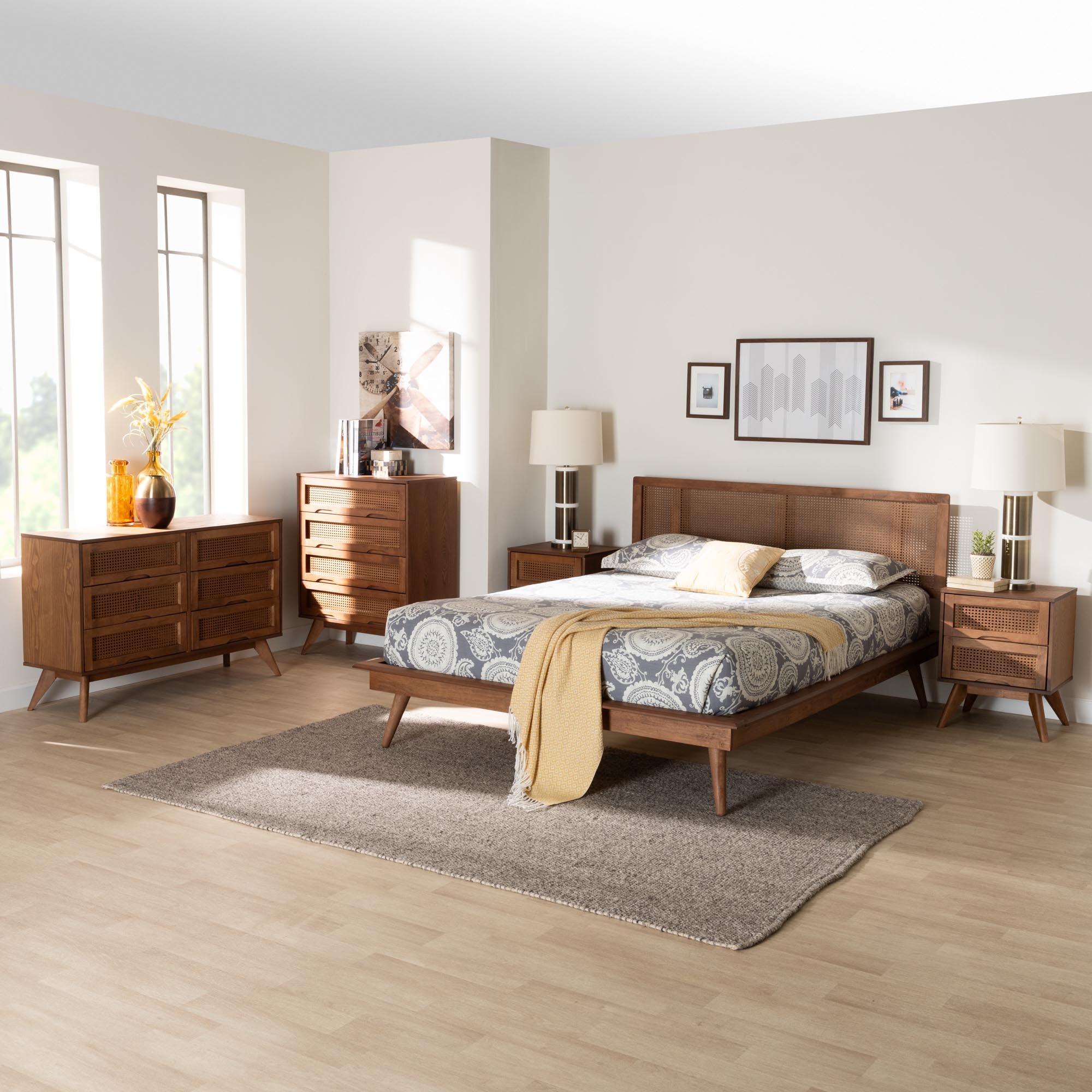Nura Mid-Century Modern Finished Wood and Rattan 5-Piece Bedroom Set
