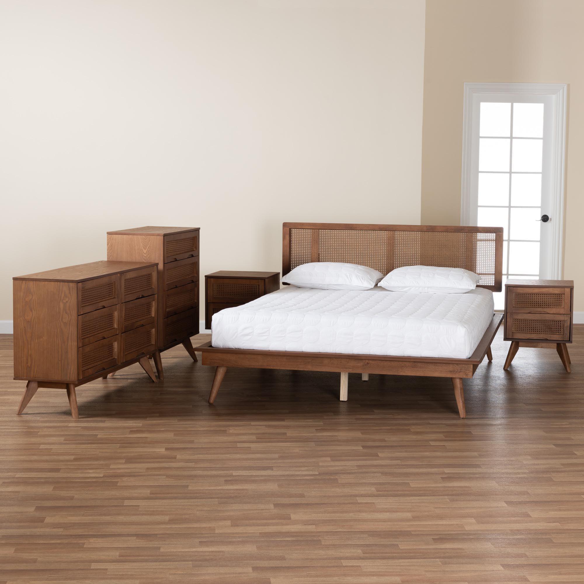 Nura Mid-Century Modern Finished Wood and Rattan 5-Piece Bedroom Set