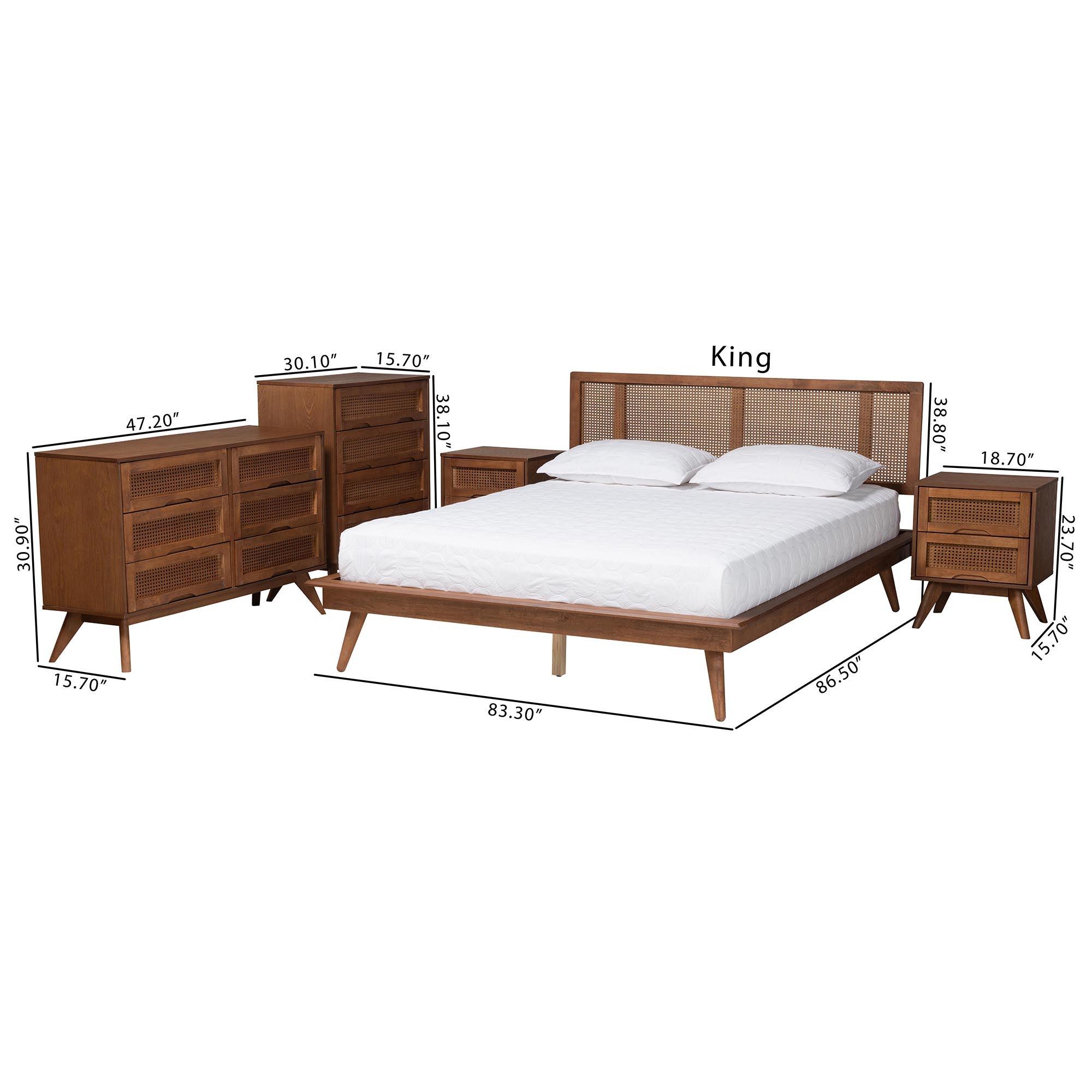 Nura Mid-Century Modern Finished Wood and Rattan 5-Piece Bedroom Set