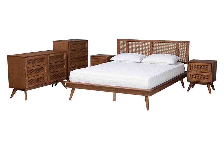 Nura Mid-Century Modern Finished Wood and Rattan 5-Piece Bedroom Set