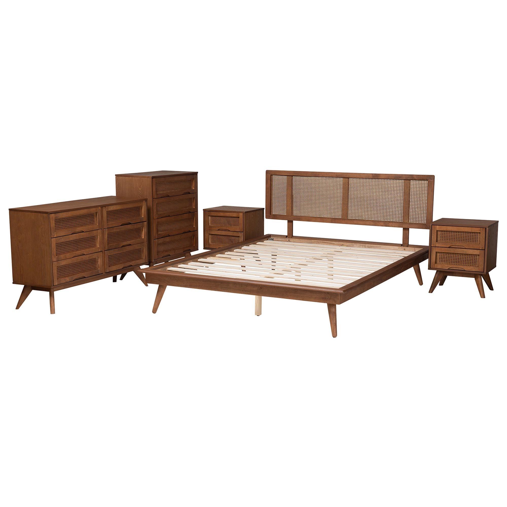 Nura Mid-Century Modern Finished Wood and Rattan 5-Piece Bedroom Set