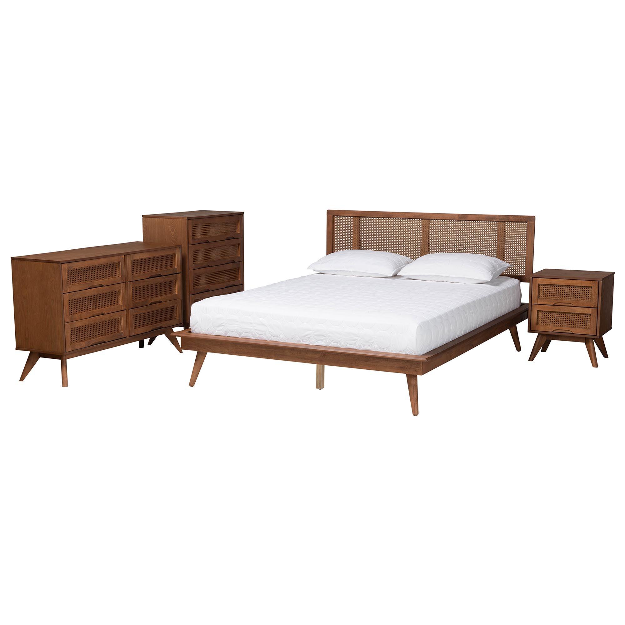 Nura Mid-Century Modern Finished Wood and Rattan 4-Piece Bedroom Set