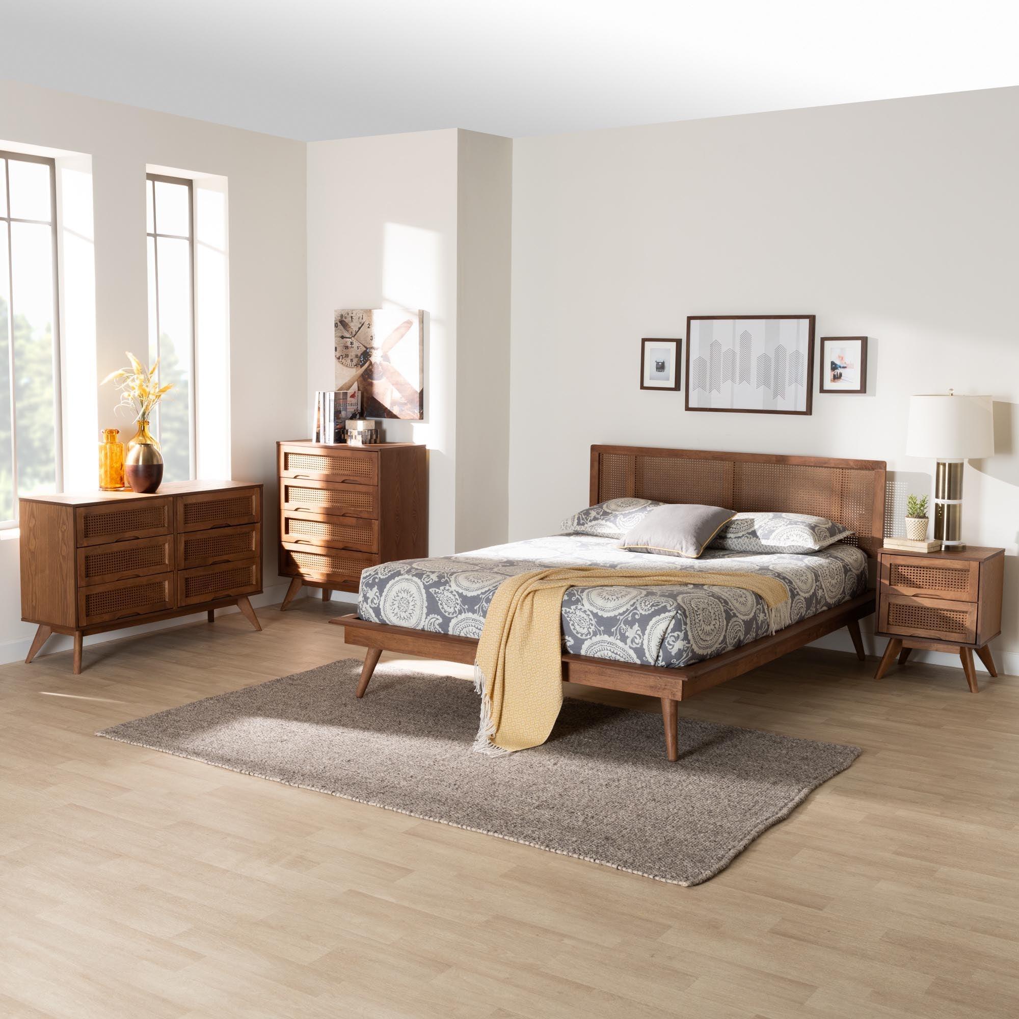 Nura Mid-Century Modern Finished Wood and Rattan 4-Piece Bedroom Set