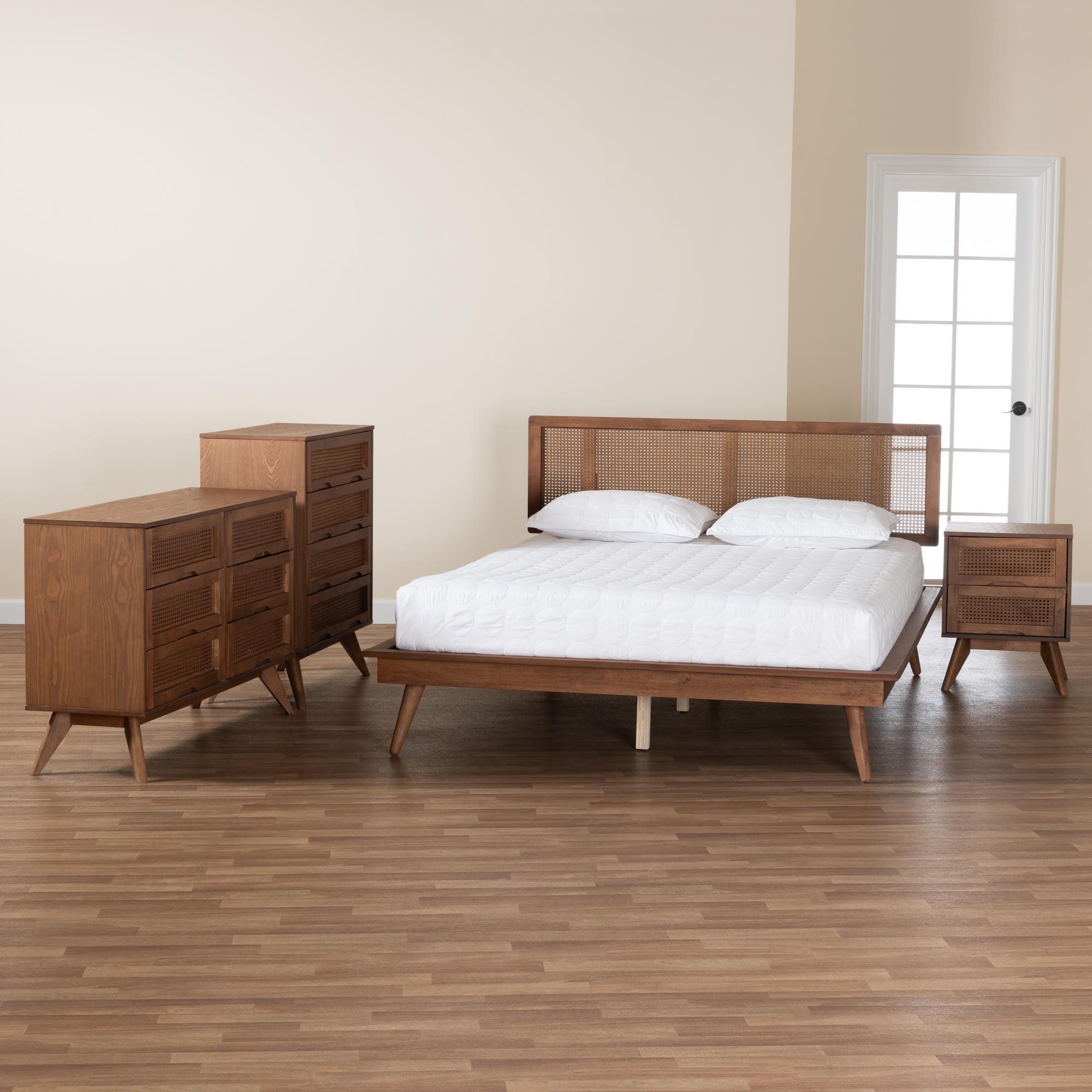 Nura Mid-Century Modern Finished Wood and Rattan 4-Piece Bedroom Set