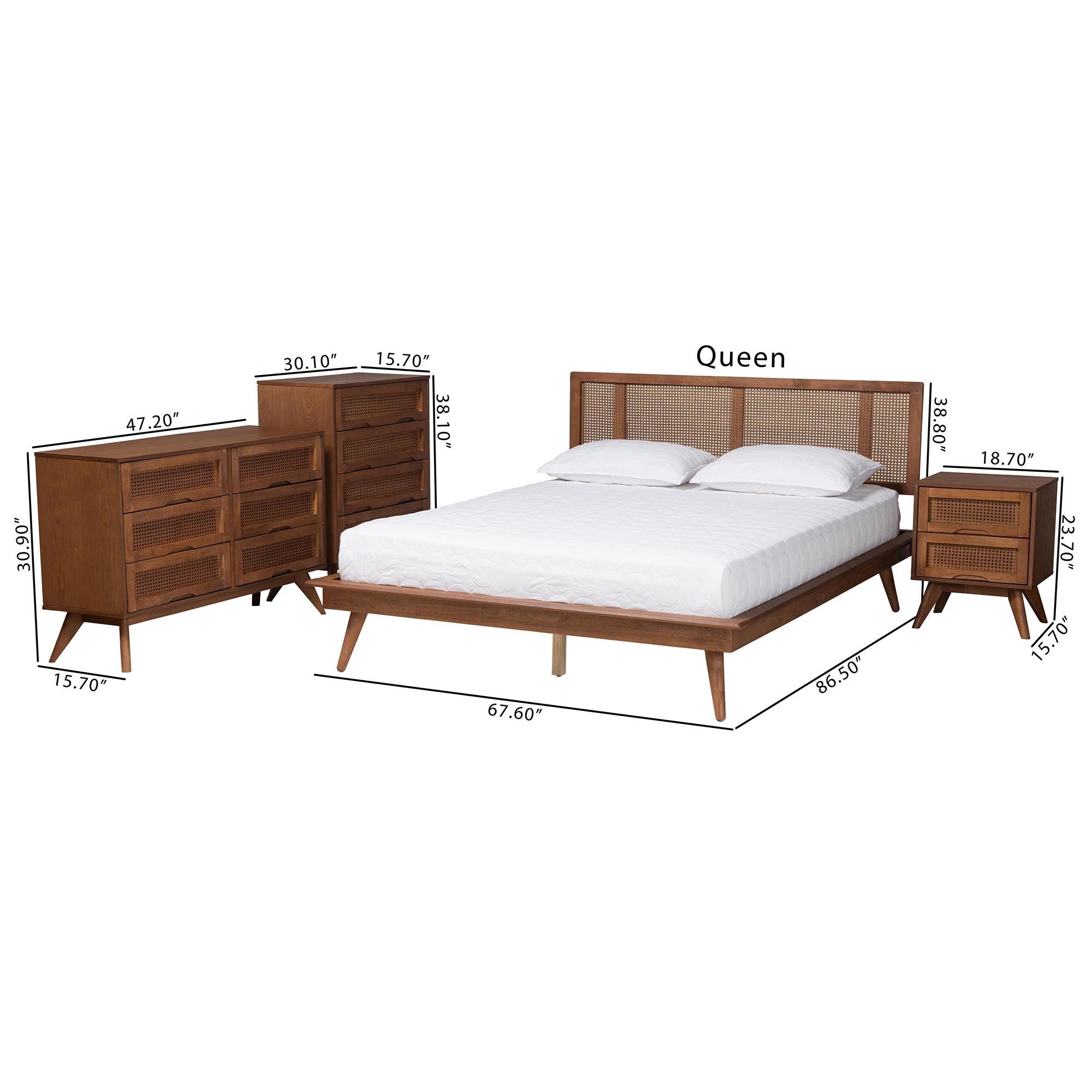 Nura Mid-Century Modern Finished Wood and Rattan 4-Piece Bedroom Set