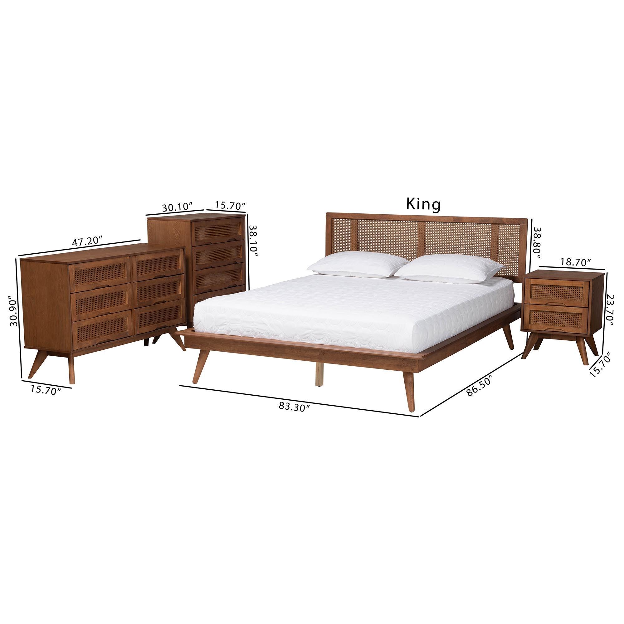 Nura Mid-Century Modern Finished Wood and Rattan 4-Piece Bedroom Set
