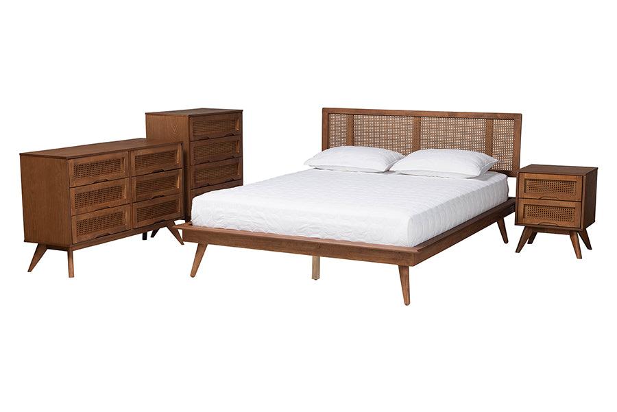 Nura Mid-Century Modern Finished Wood and Rattan 4-Piece Bedroom Set