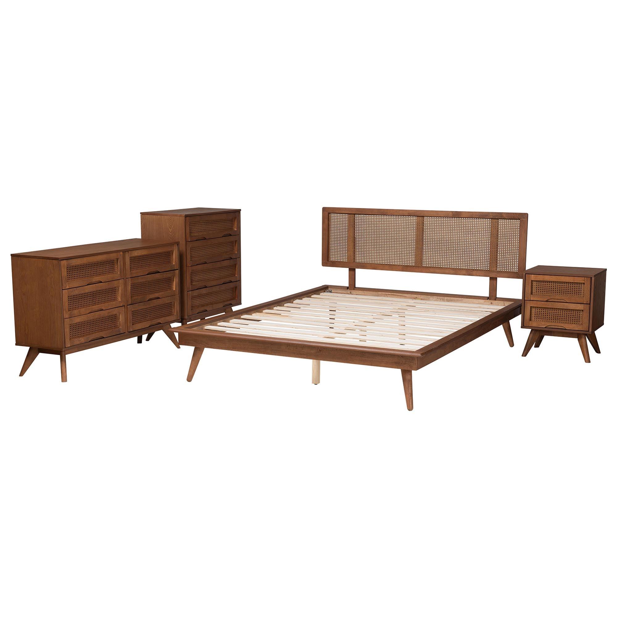 Nura Mid-Century Modern Finished Wood and Rattan 4-Piece Bedroom Set