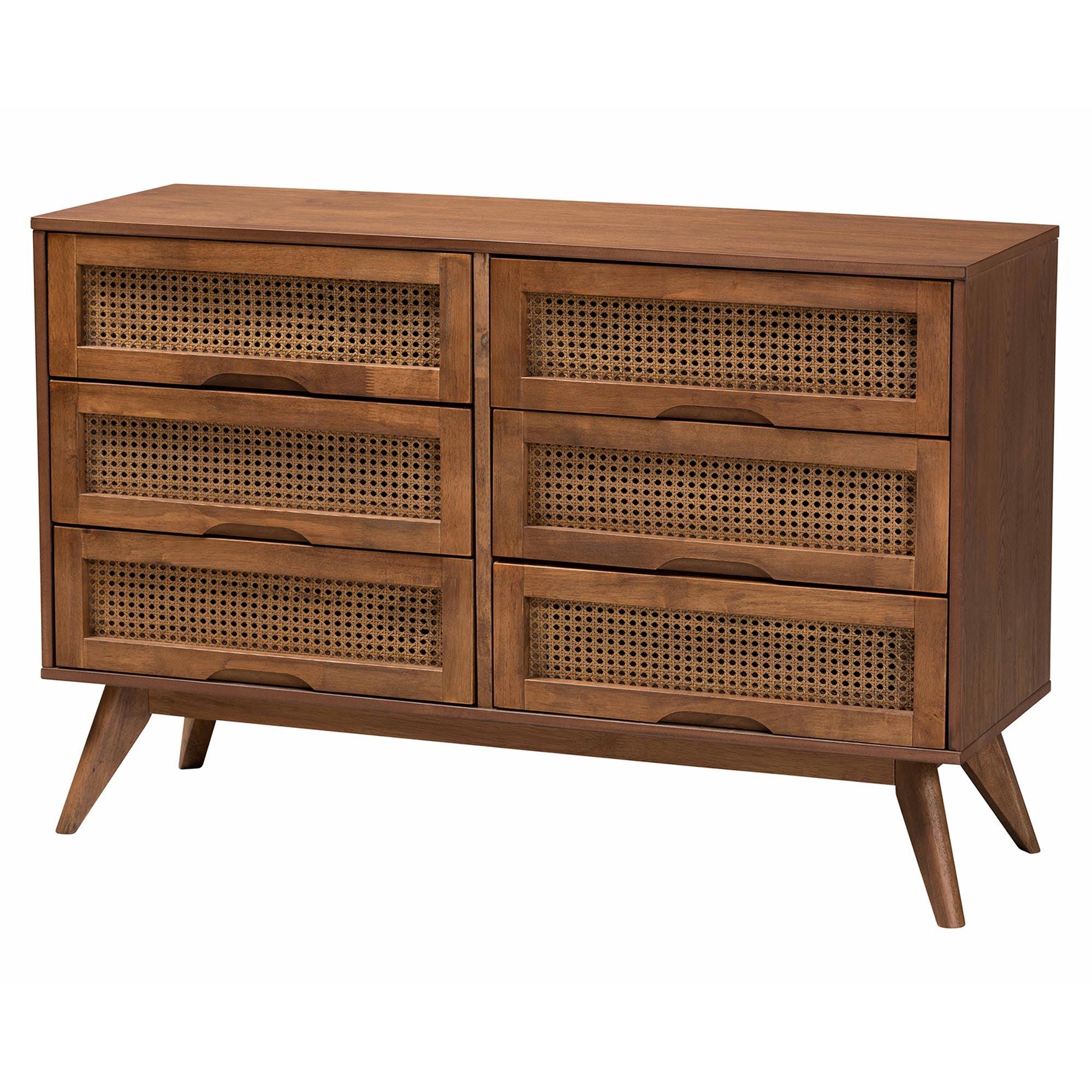 Nura Mid-Century Modern Finished Wood and Rattan 4-Piece Bedroom Set