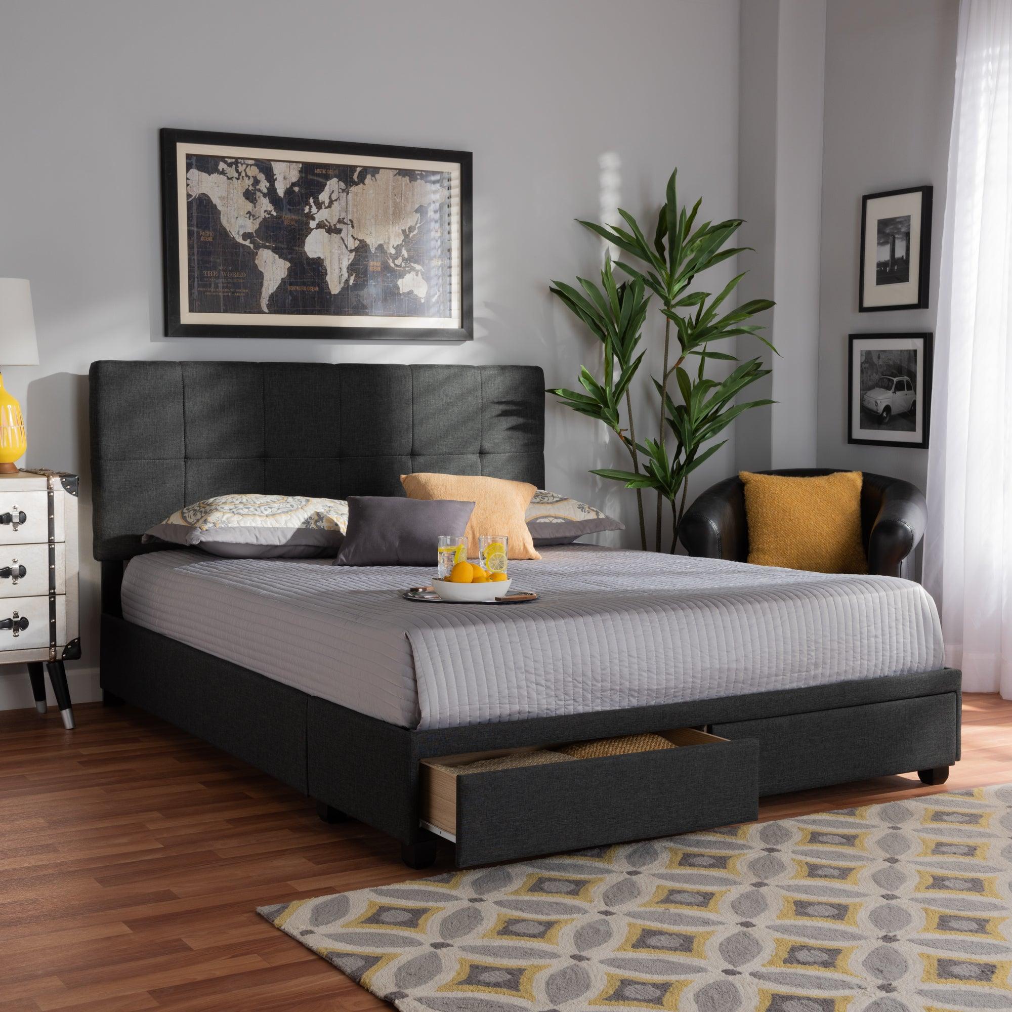 Netti Dark Fabric Upholstered 2-Drawer Platform Storage Bed