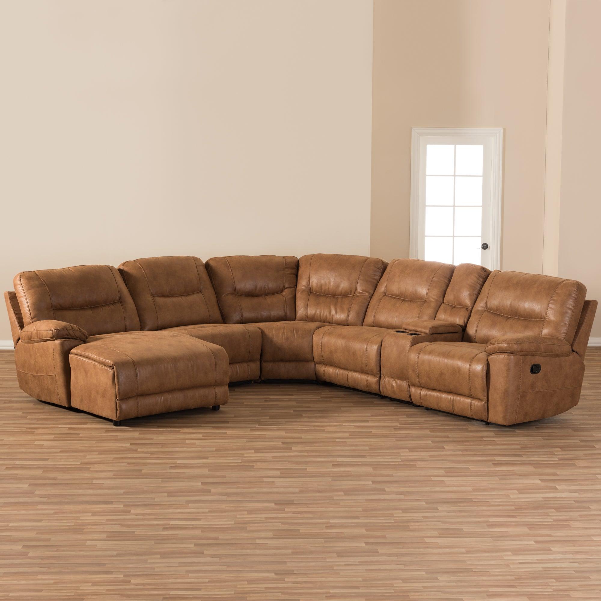 Mistral Modern and Contemporary Light Palomino Suede 6-Piece Sectional with Recliners Corner Lounge Suite