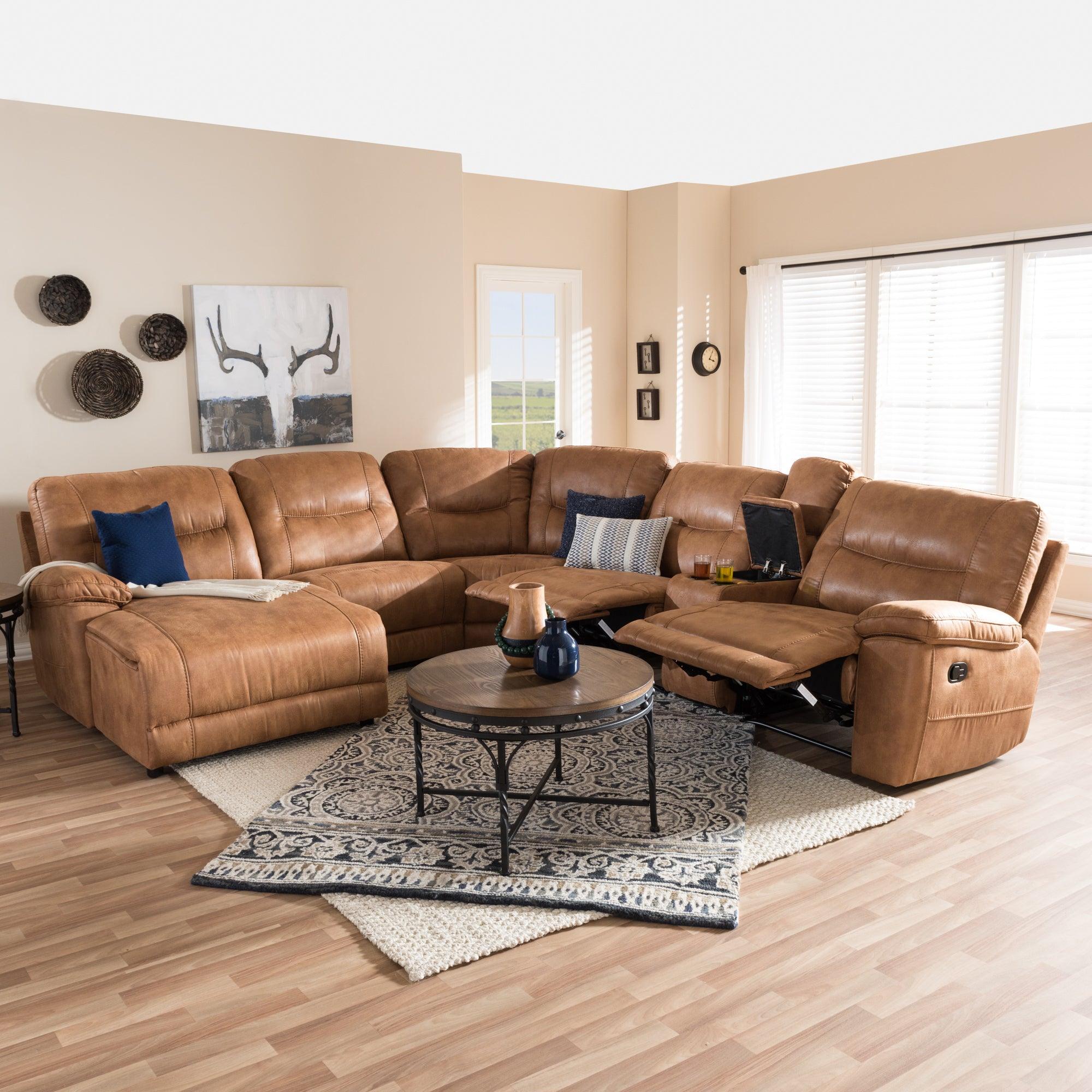 Mistral Modern and Contemporary Light Palomino Suede 6-Piece Sectional with Recliners Corner Lounge Suite
