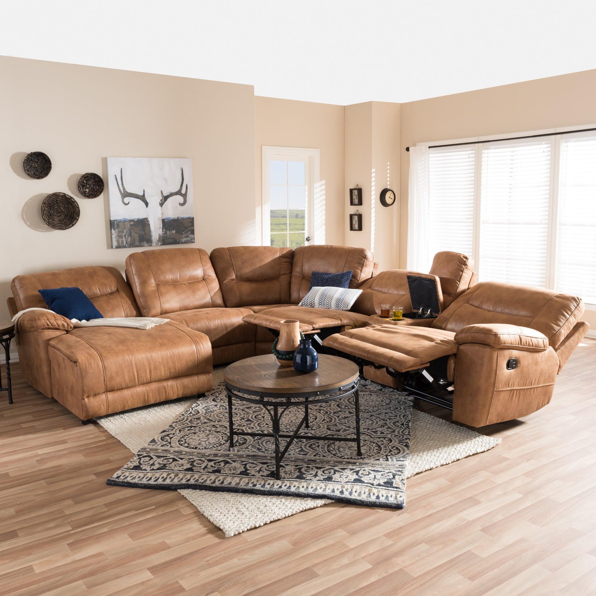 Mistral Modern and Contemporary Light Palomino Suede 6-Piece Sectional with Recliners Corner Lounge Suite